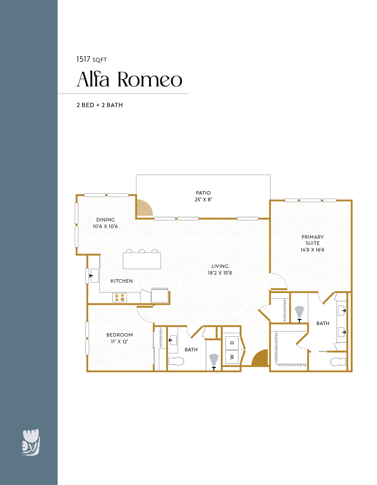 Floor plan of a two-bedroom, two-bathroom apartment named Alfa Romeo, featuring a living room, dining area, kitchen, primary suite, bedroom, bathrooms, patio, and closets, with specified dimensions.