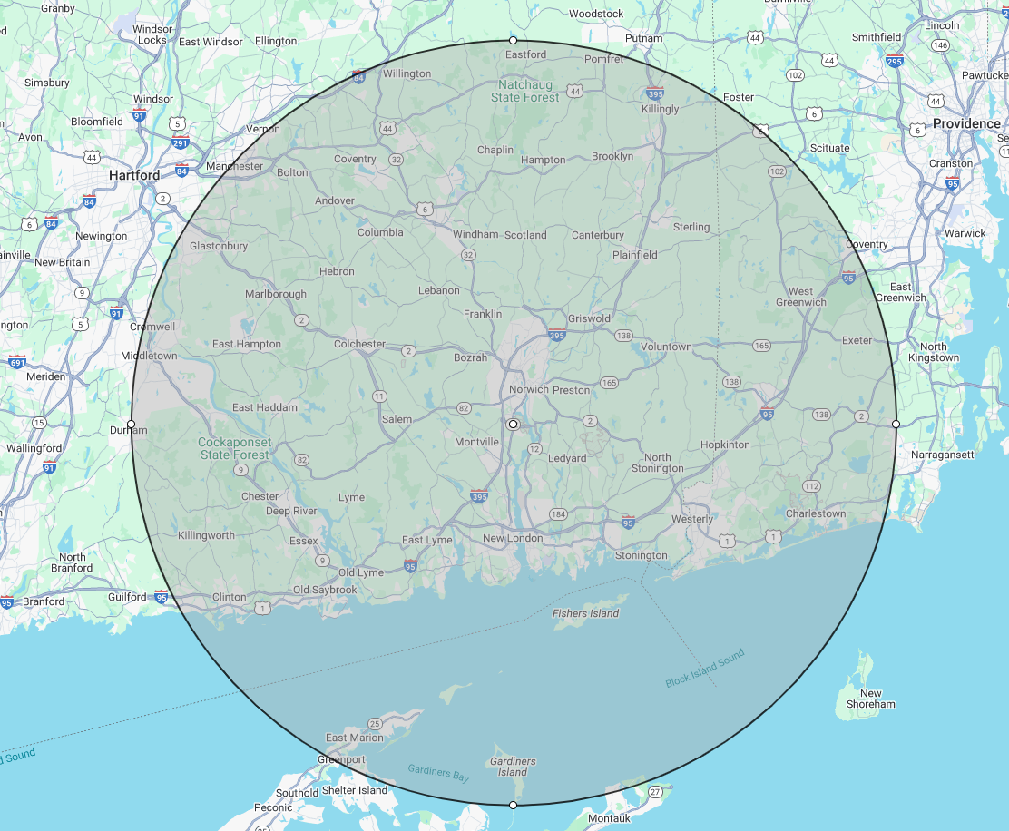 Map of Connecticut with a circular coverage area centered around Norwich Preston, highlighting towns such as Hartford, New Haven, Stamford, and bridges in the region.