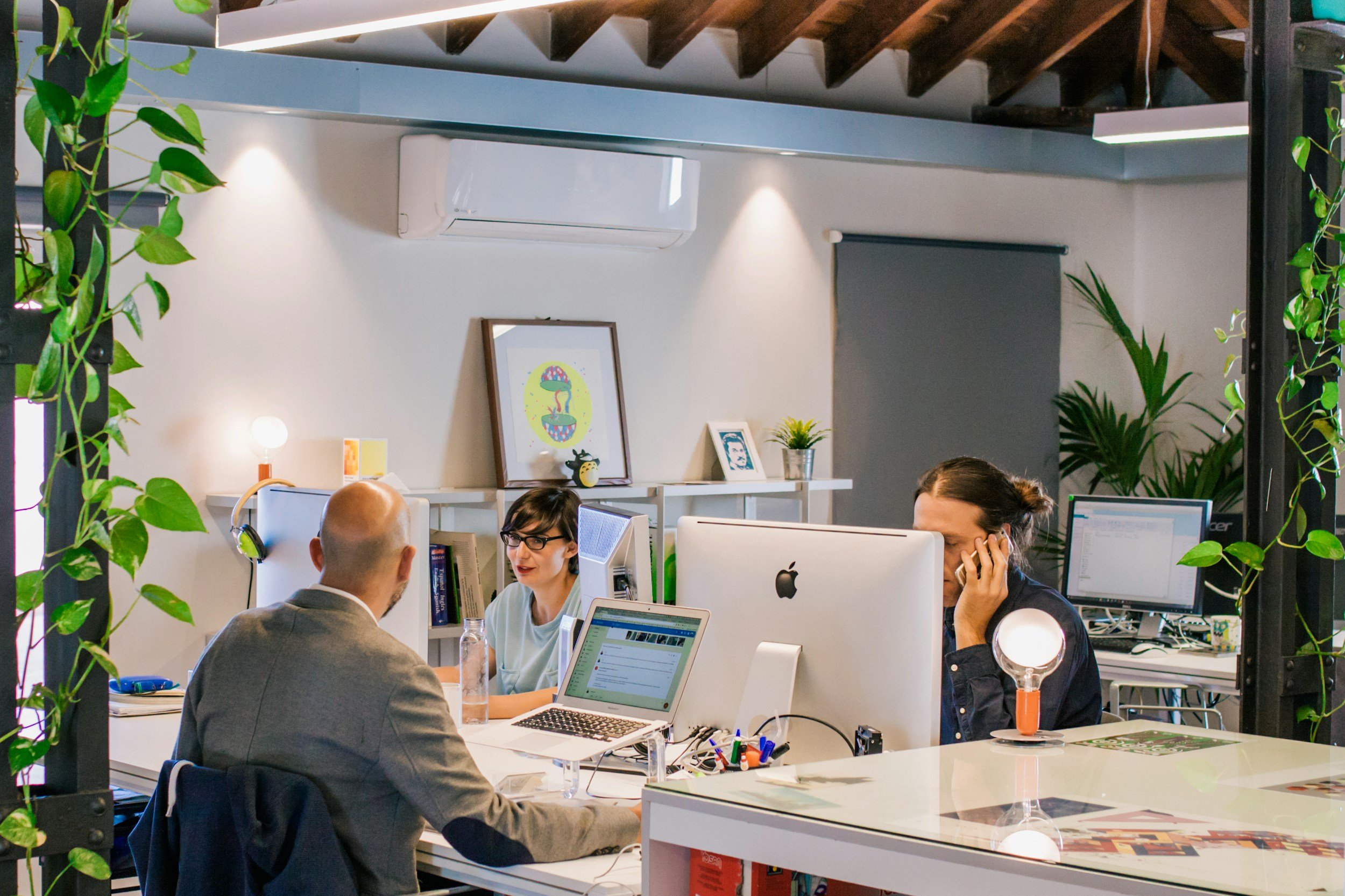 Office workspace with three people working at a table, surrounded by computers, plants, and artwork on the wall.