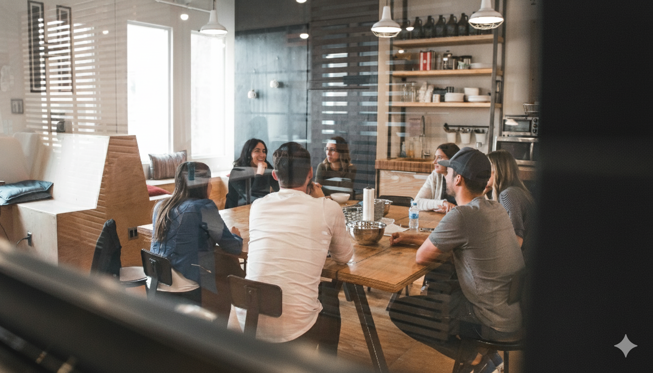 Group of people sitting around a large wooden table having a conversation in a casual, modern restaurant or cafe. Glass bottles and bowls are on the table, with open kitchen shelving in the background.
