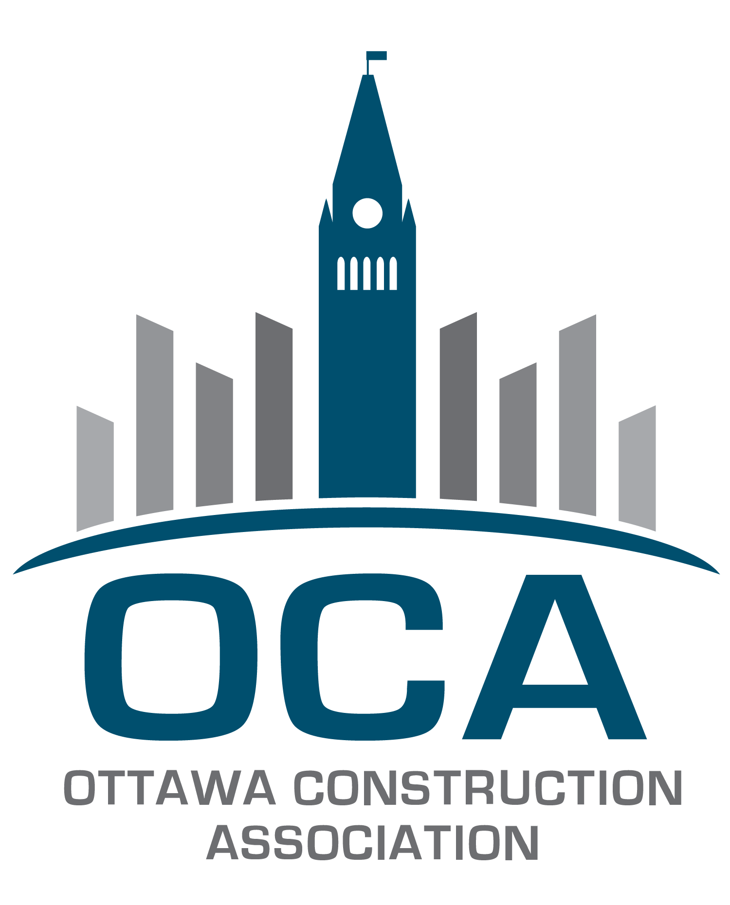 Logo of the Ottawa Construction Association featuring a stylized depiction of Parliament Hill with the Peace Tower and surrounding buildings, along with the acronym 'OCA' and the full organization name.