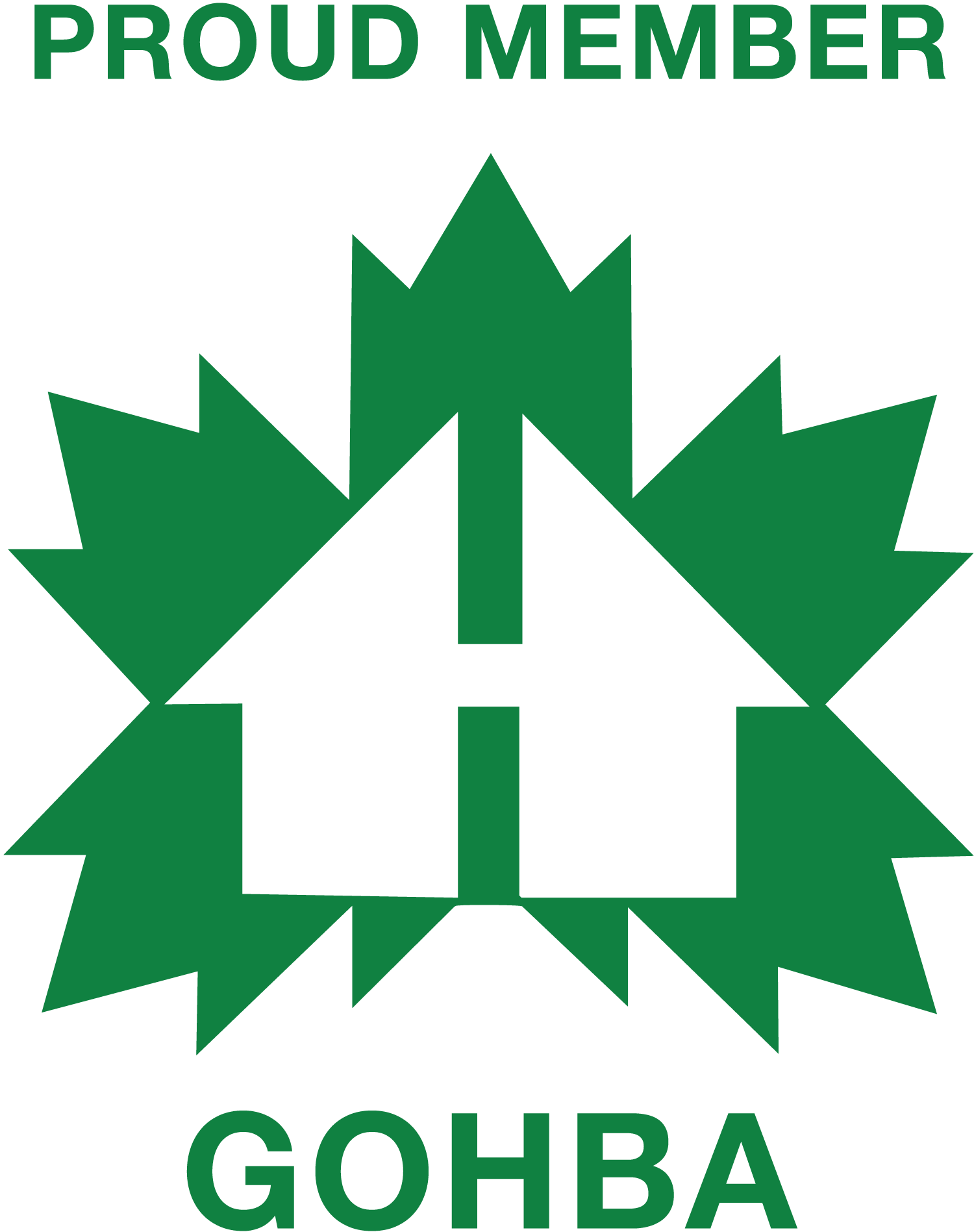 A logo with the text 'PROUD MEMBER' at the top and 'GOHBA' at the bottom, featuring a stylized green maple leaf and an upward arrow in the center.