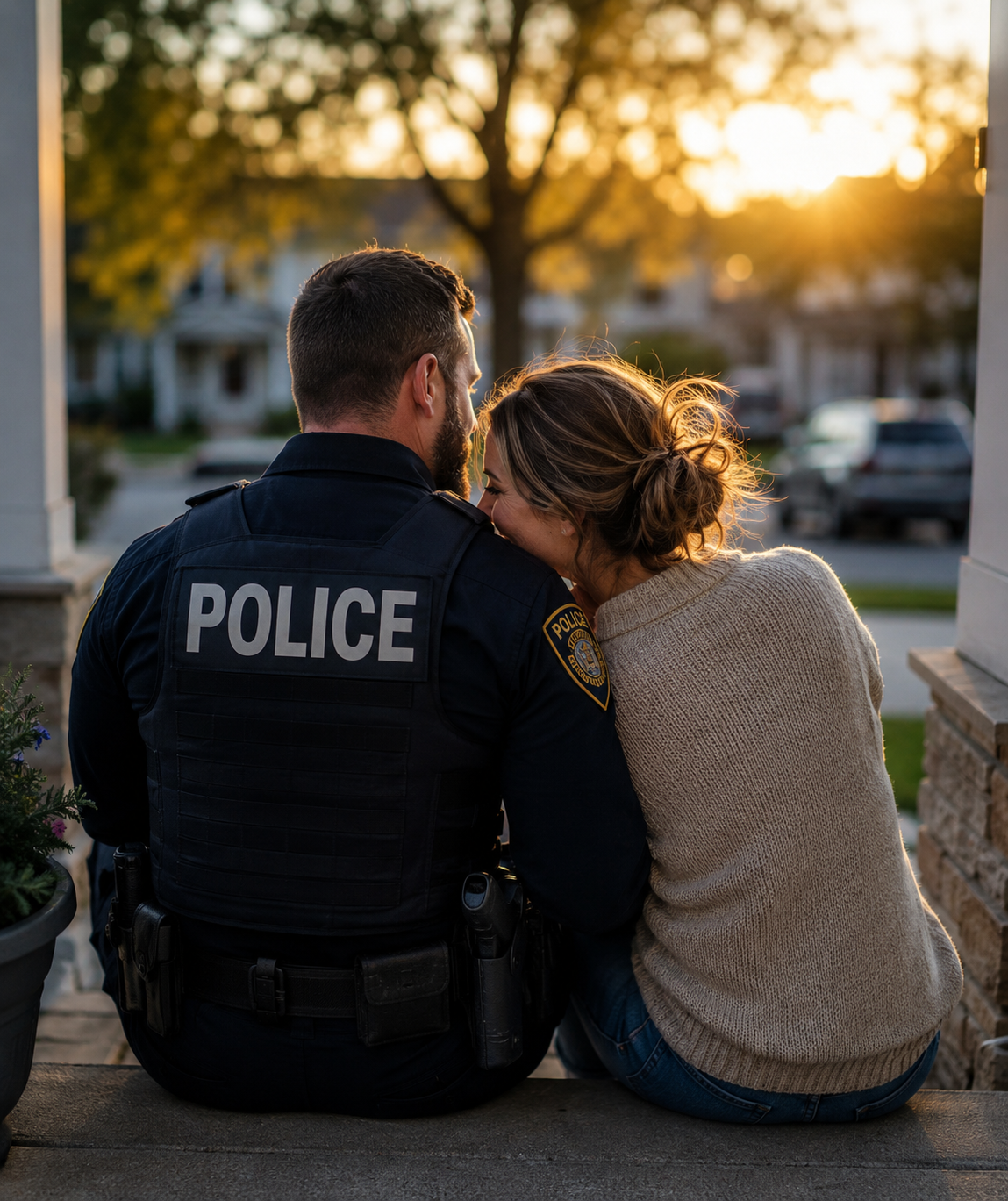 Police officer and wife and family embracing on the front porch