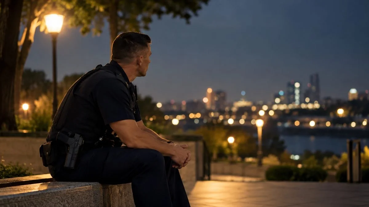 Male police officer sitting on a brick wall at night with street lights around him and a tree, he is looking away from the camera contemplative