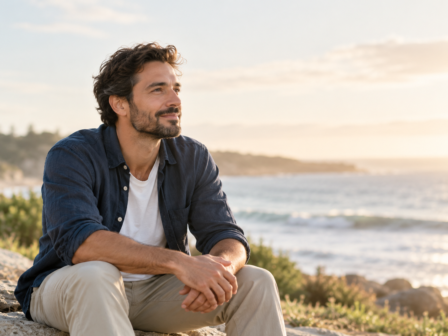 man with curly brown hair staring off into the sunset with navy unbuttoned long sleeved shirt, white shirt underneath, beige pants, ocean behind him, sitting on a rock