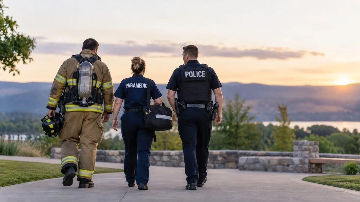 Image of a firefighter and a paramedic female and a male police officer walking down a path with the ocean in front of them,