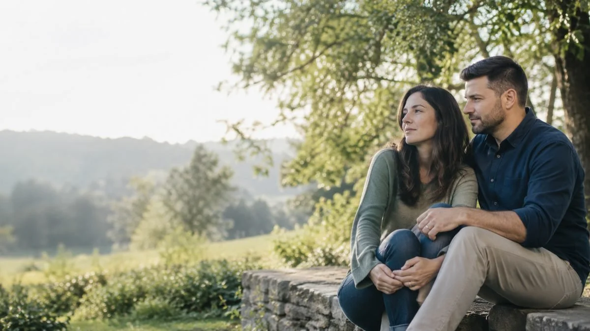 male in navy blue shirt comforting a female in a green shirt, sitting outside with trees around them
