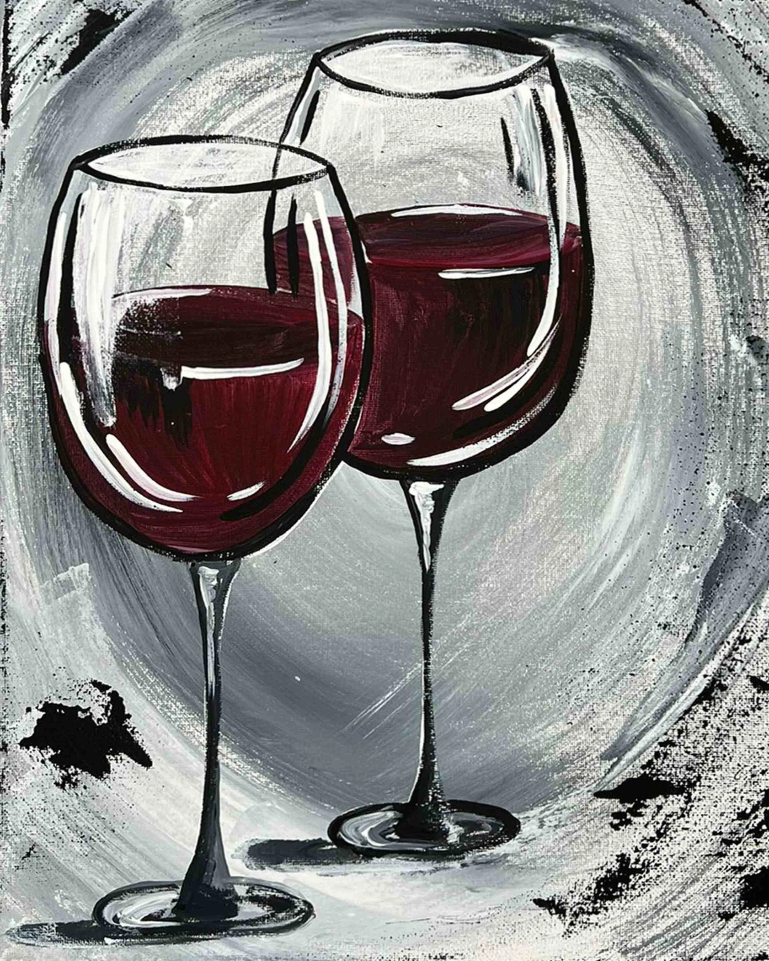 Painting of two glasses of red wine against a swirling gray background.