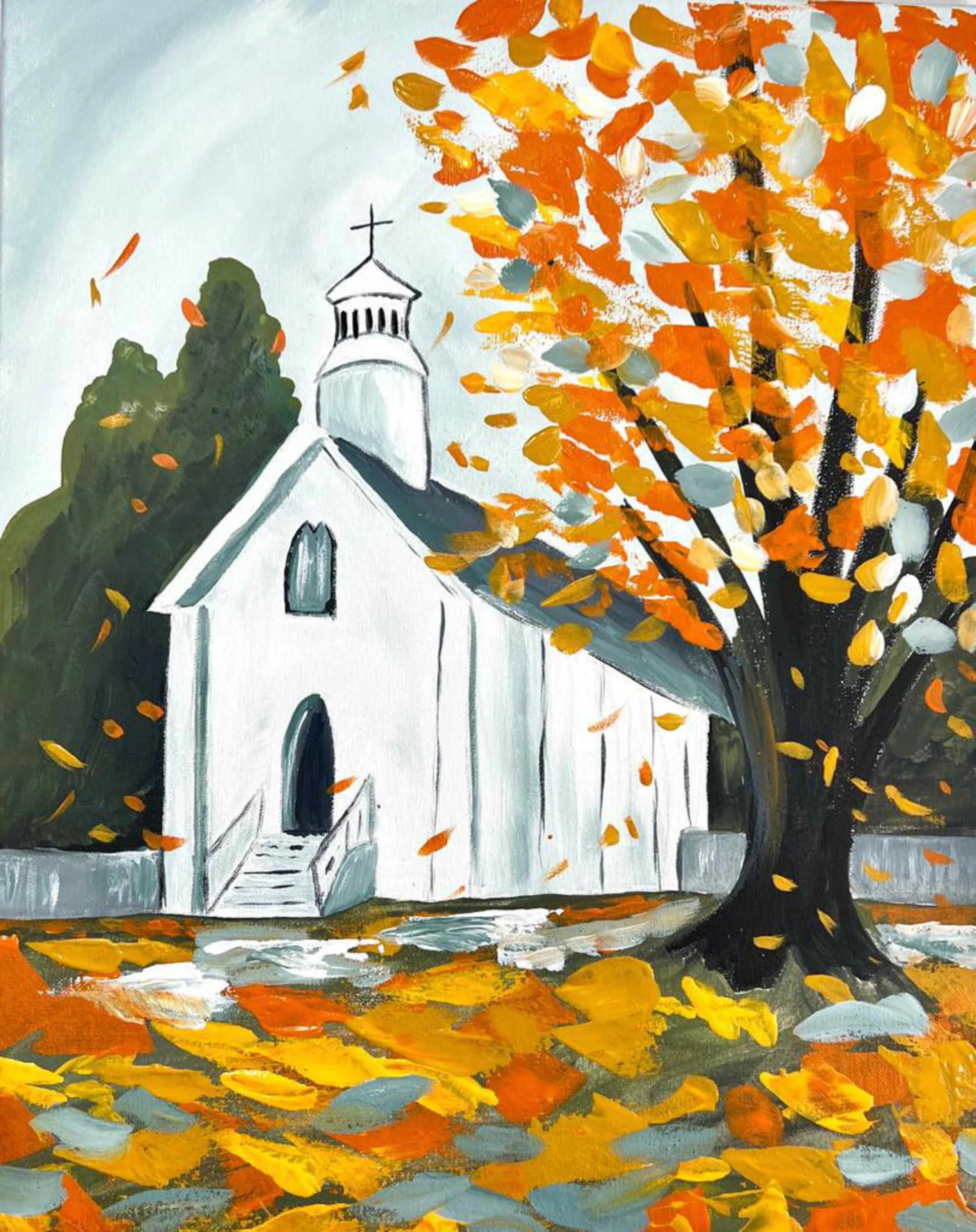 A painted scene of a white church with a steeple and black roof, surrounded by colorful autumn trees with orange, yellow, and gray leaves falling. The ground is covered with fallen leaves.