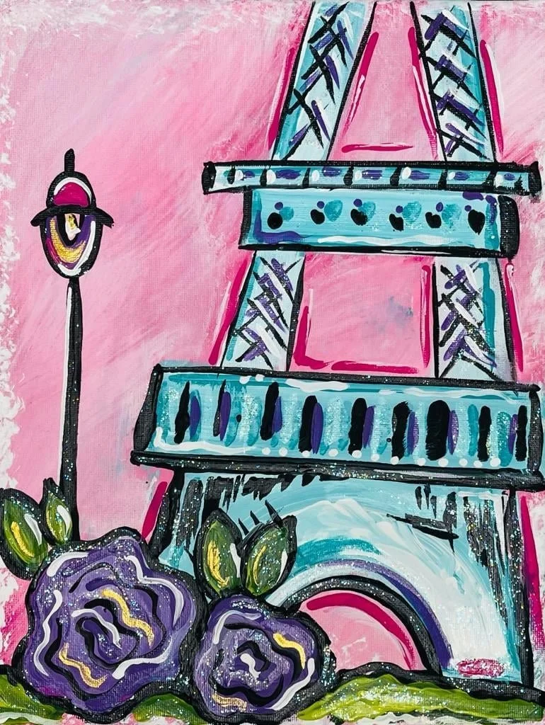 Colorful abstract painting of the Eiffel Tower with purple flowers at its base and a street lamp on the left, all set against a pink background.