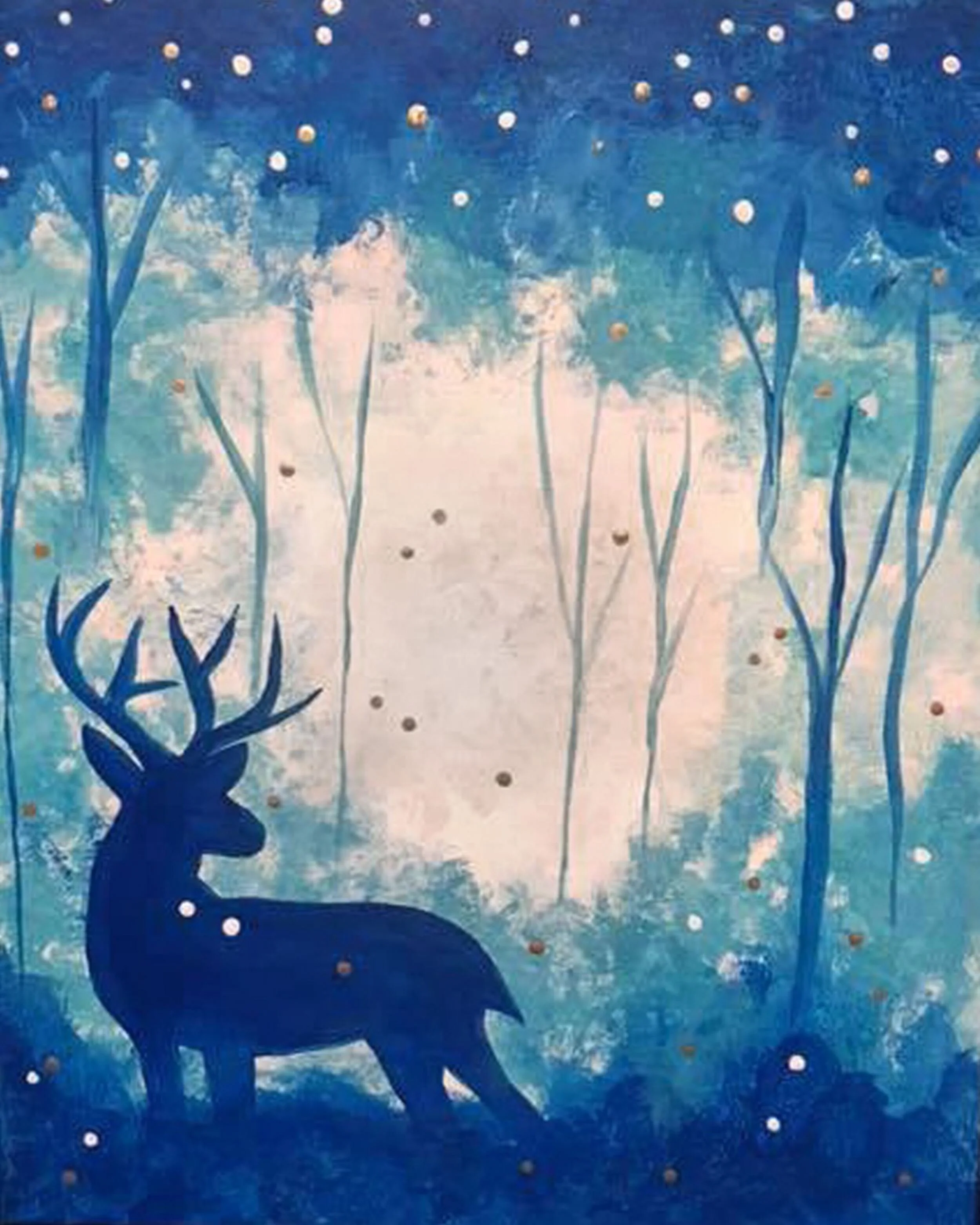Silhouette of a deer with antlers standing in a blue, snowy forest at night, with falling snowflakes and a starry sky.