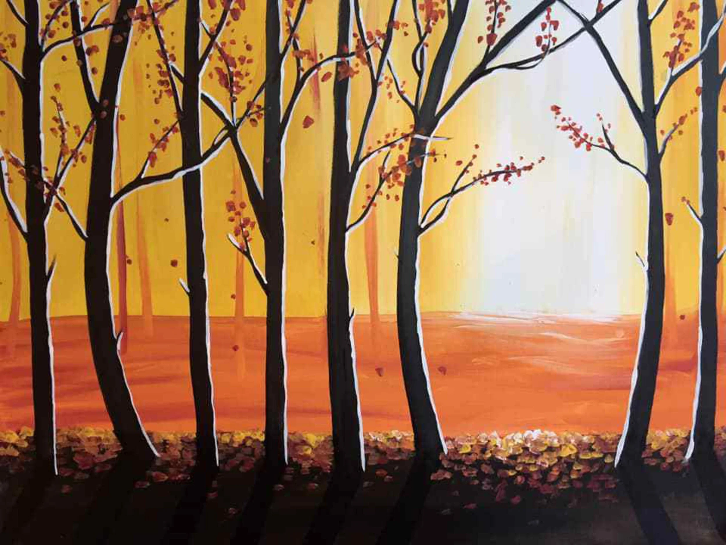 A painting of a forest with tall, slender trees with dark trunks and few leaves, set against a bright yellow and orange background resembling a sunset.