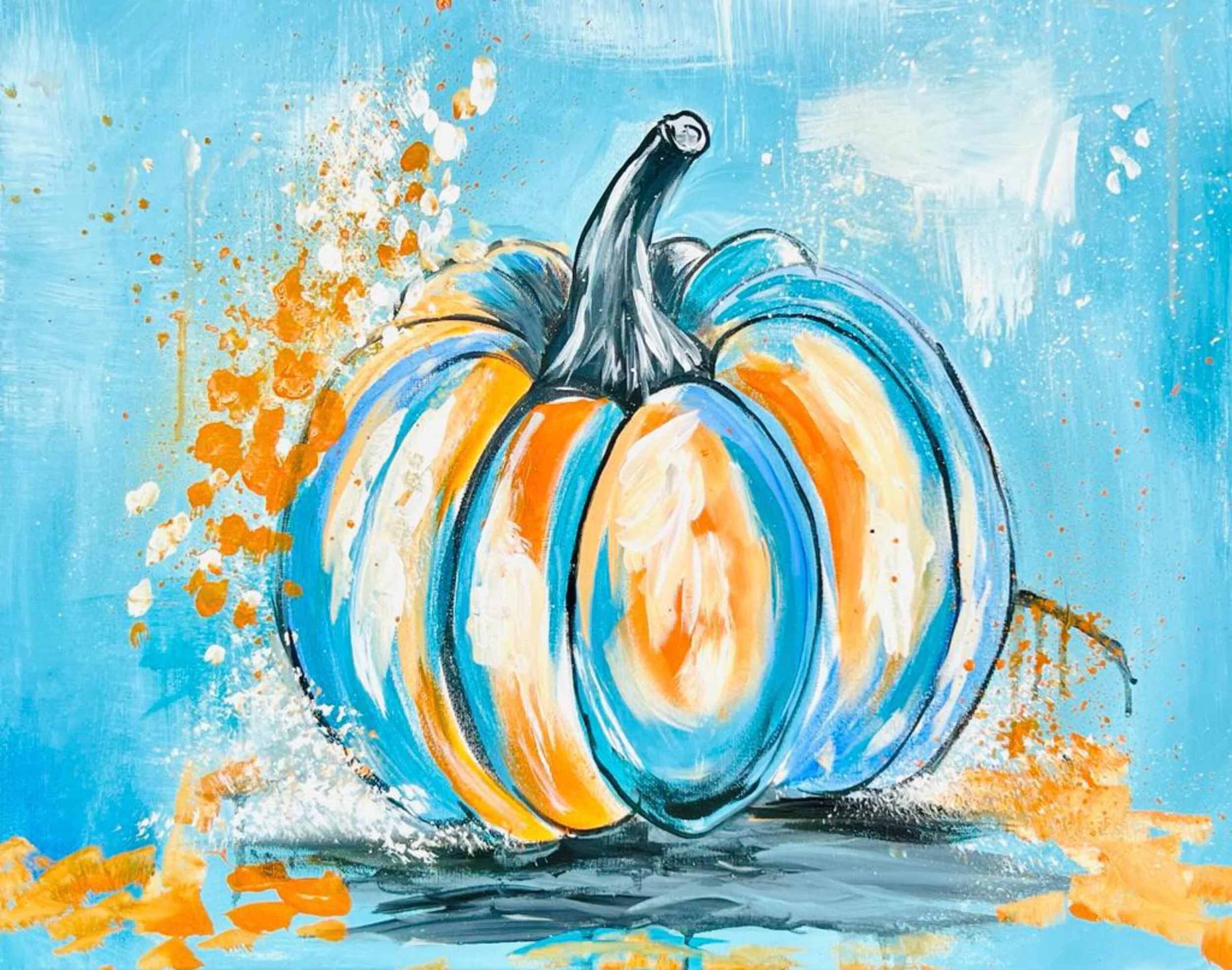Abstract painting of a pumpkin with orange, blue, white, and black colors on a light blue background.