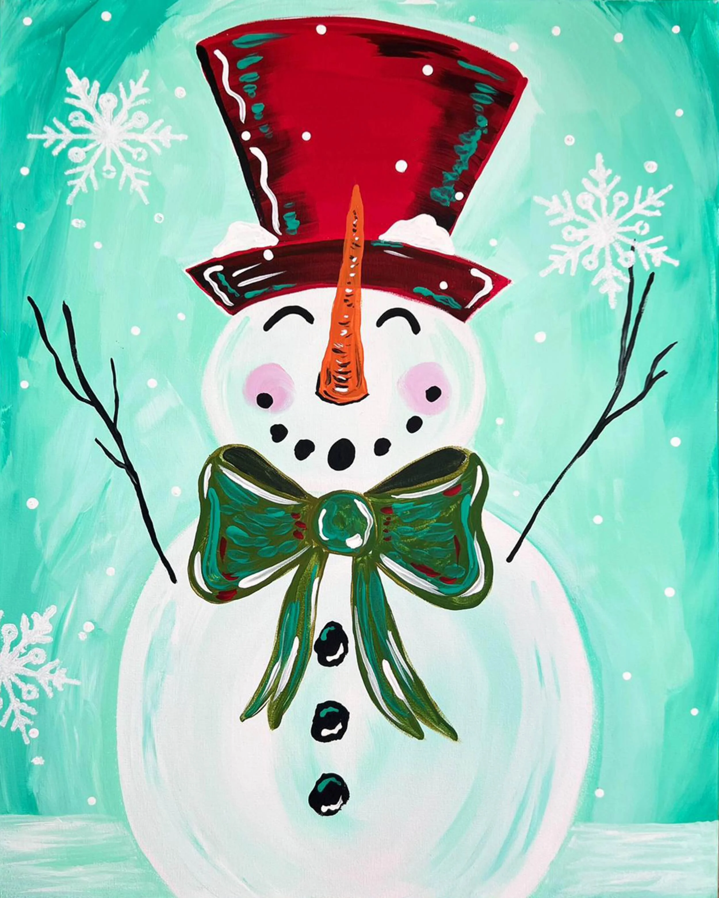A painted snowman wearing a red top hat and a large green bow tie, with stick arms, black buttons, and a carrot nose, set against a snowy background with white snowflakes.