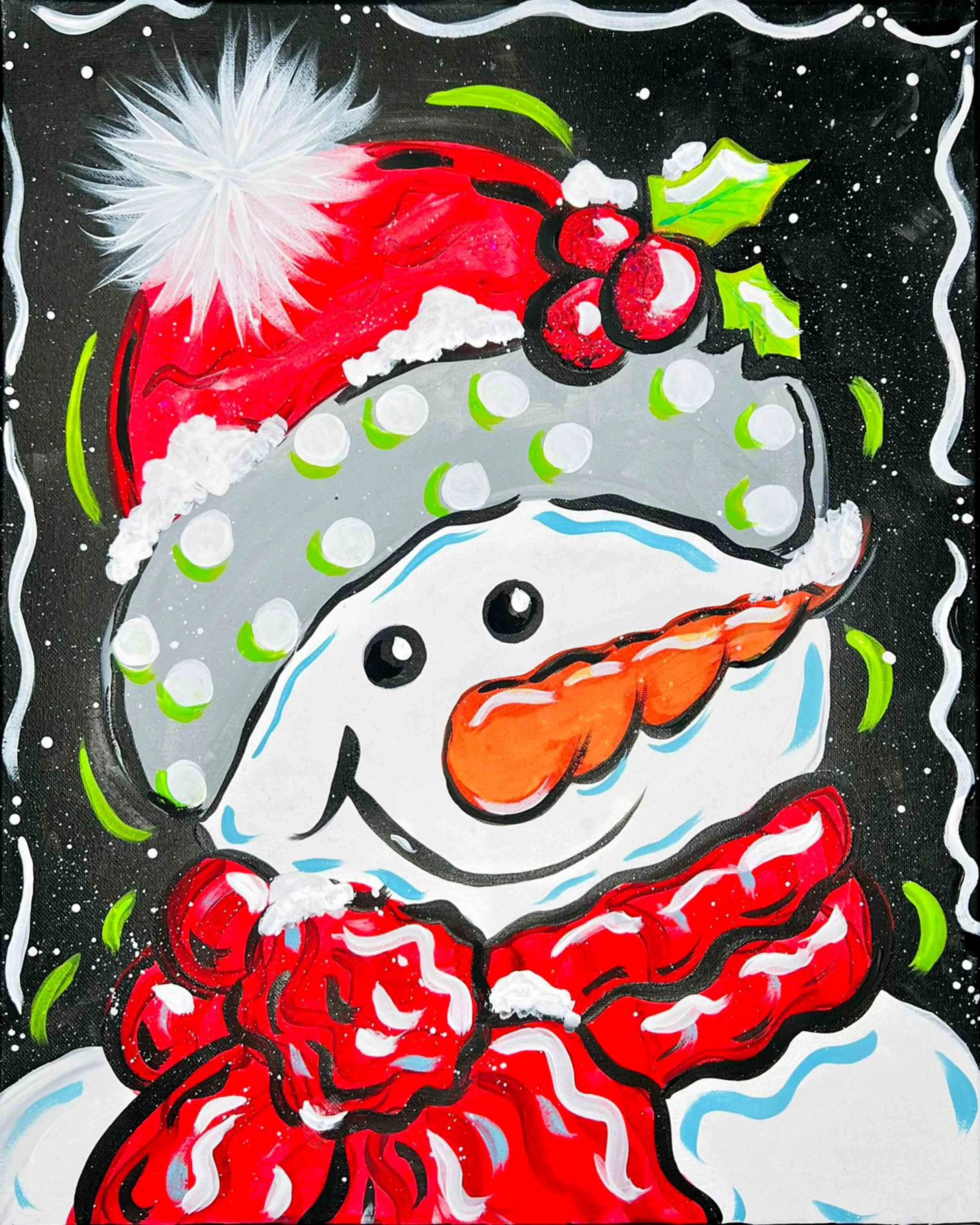 A colorful Christmas-themed painting featuring a snowman's face, a red Santa hat with white trim, holly berries with green leaves, and a red bow with white accents, set against a black background with white dots and wavy borders.
