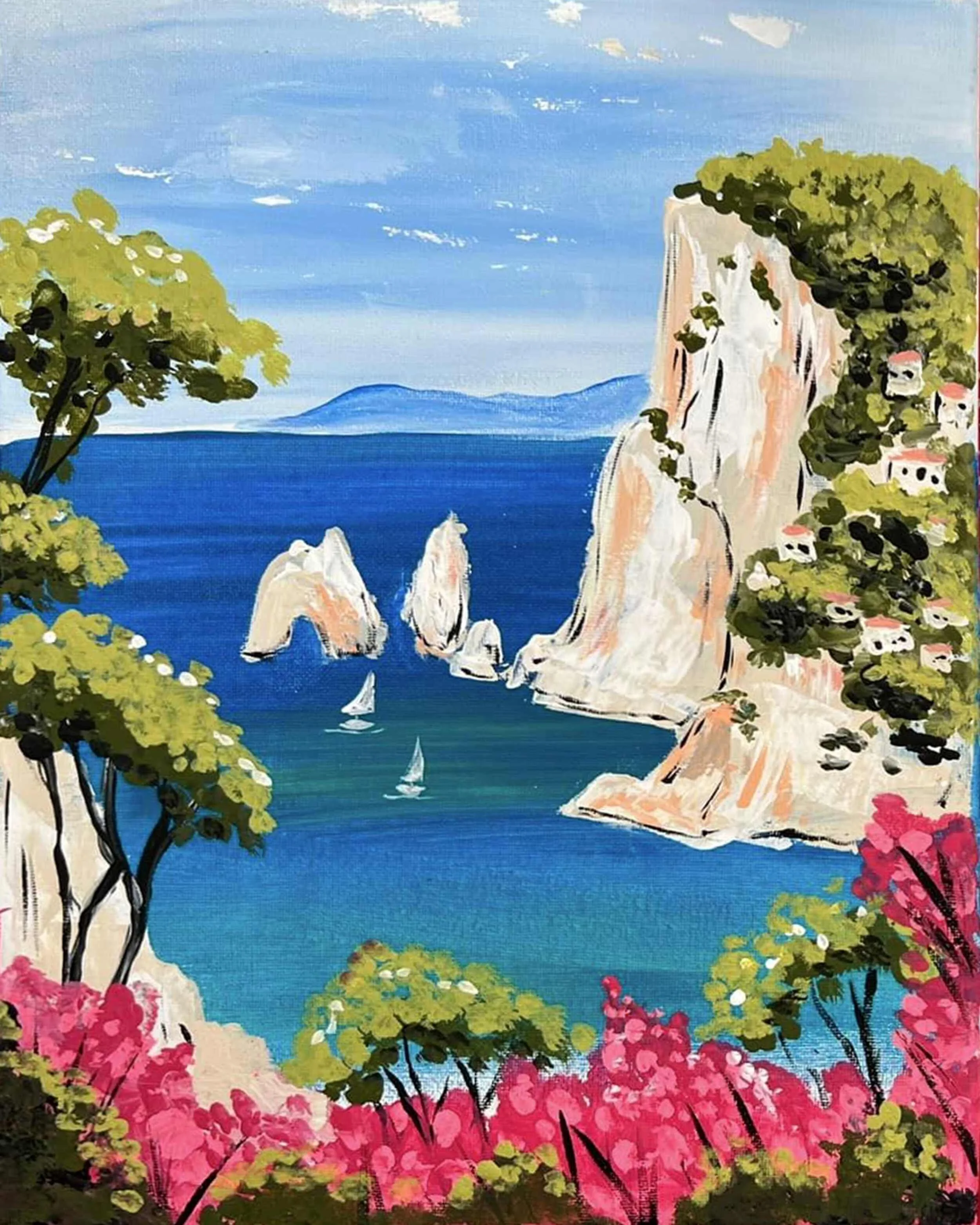 A landscape painting of a coastal scene with white cliffs, blue sea, sailboats, green trees, and pink flowers in the foreground.