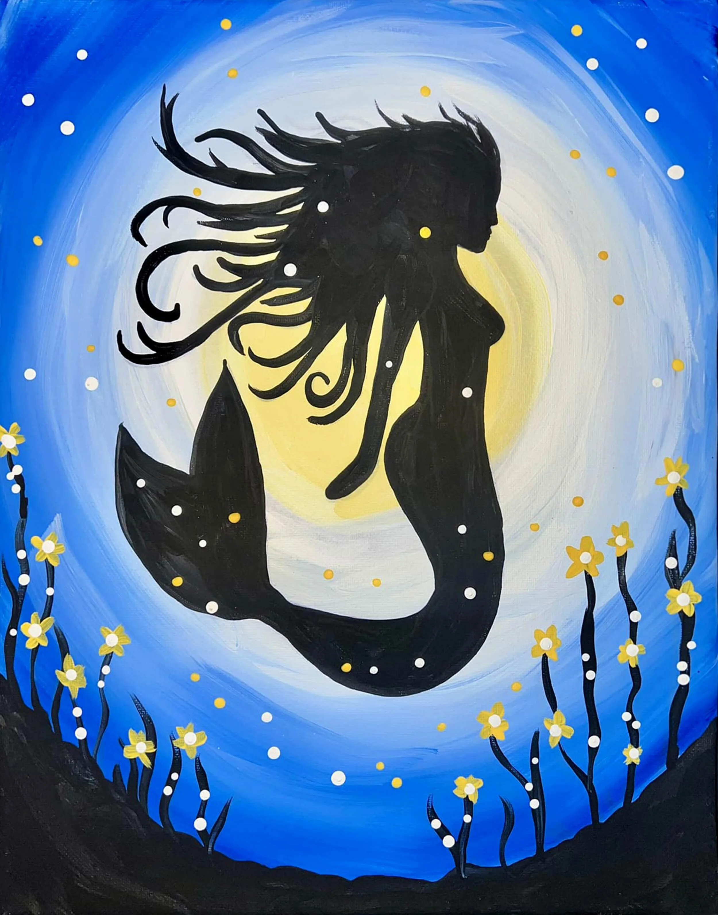 Silhouette of a mermaid with long flowing hair, set against a glowing moon and a starry sky, with yellow flowers at the bottom.