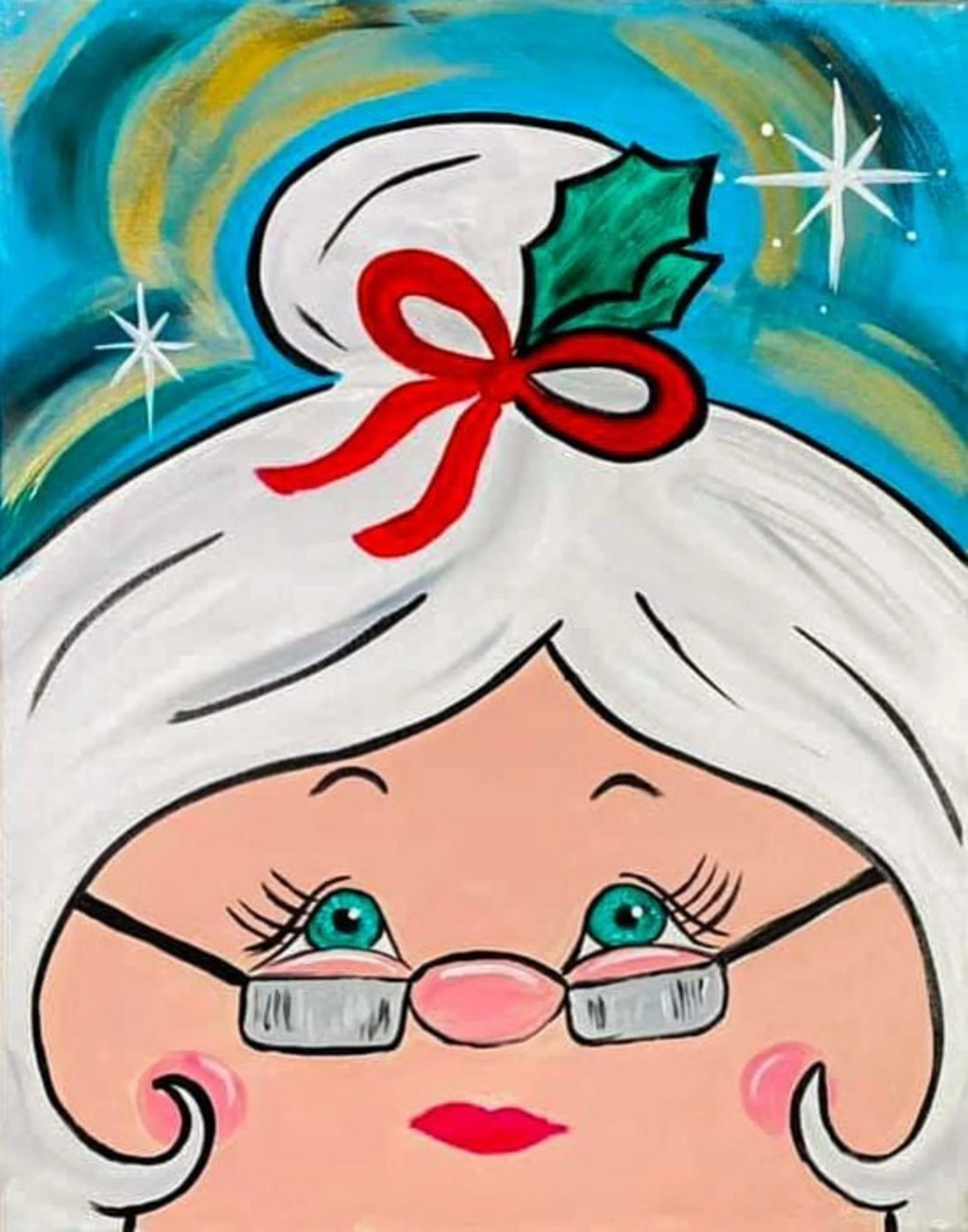 A Christmas-themed illustration of an elderly woman with white hair, teal eyes, glasses, and red lipstick, wearing a Santa hat with holly leaves and berries on top, against a blue and yellow background with stars.