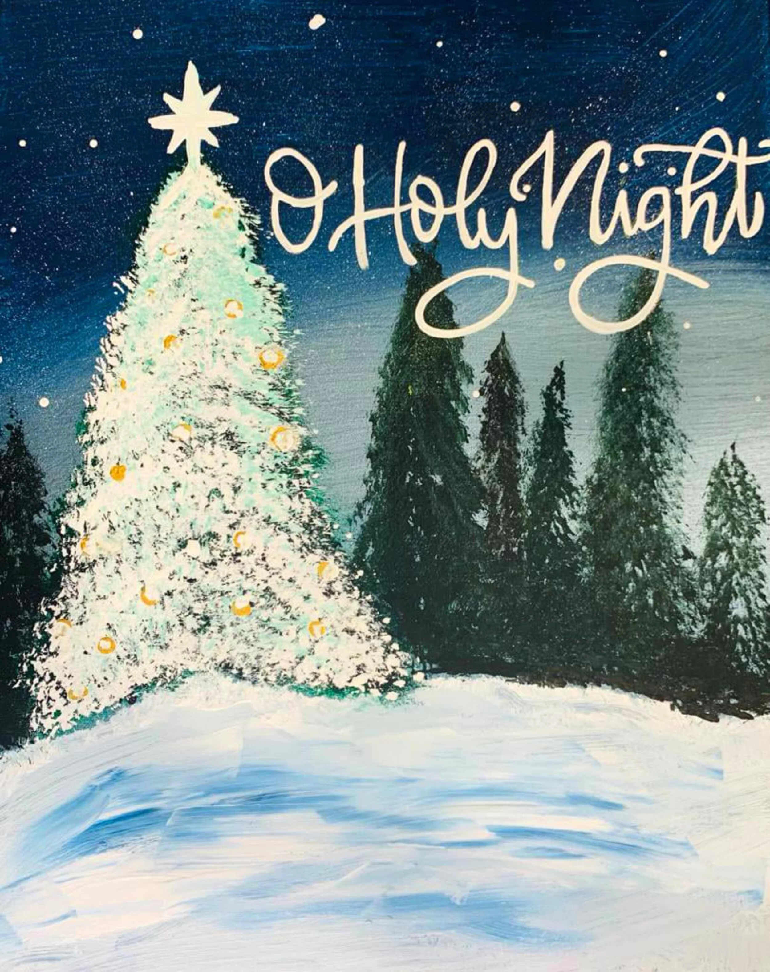 A Christmas scene with a decorated white Christmas tree topped with a star, surrounded by pine trees, with the words 'O Holy Night' written in script at the top, illustrating a winter night with a snowy ground and a starry sky.