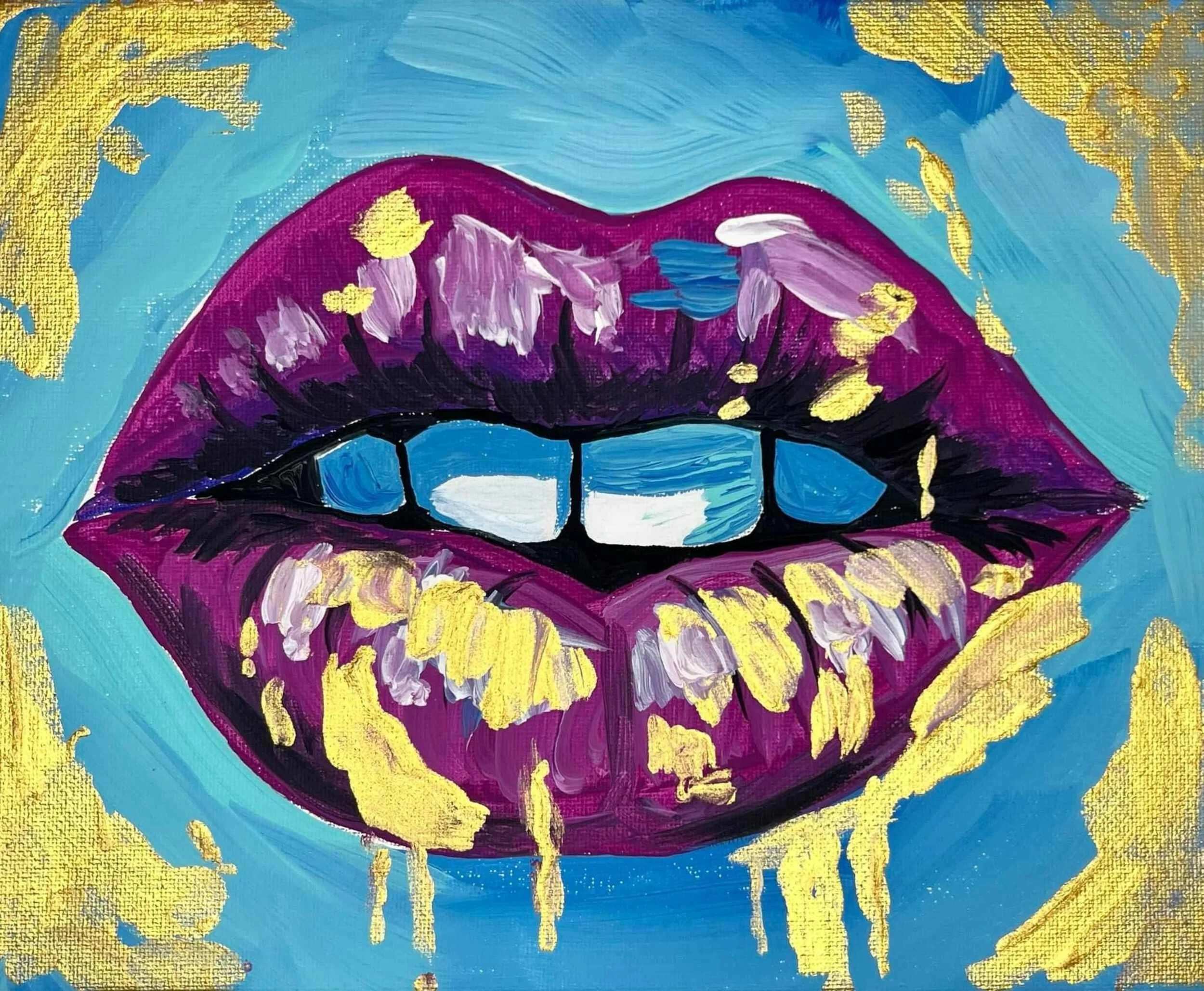A painted artwork of purple lips with teeth, featuring black, white, blue, and gold colors, with gold paint drips around the lips against a light blue background.