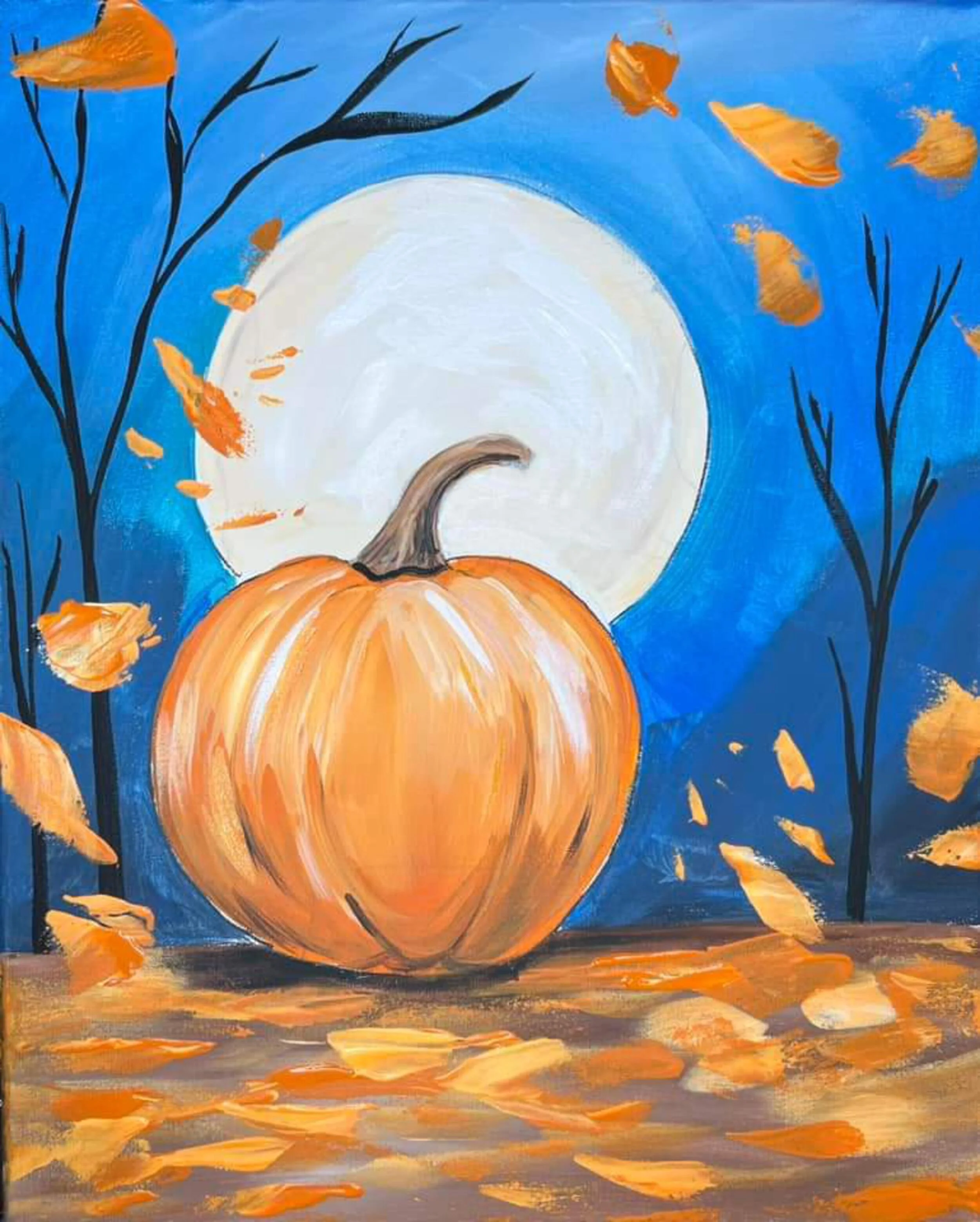 A painting of a pumpkin in front of a large full moon with a blue sky background. Falling autumn leaves are surrounding the pumpkin and falling around the scene.