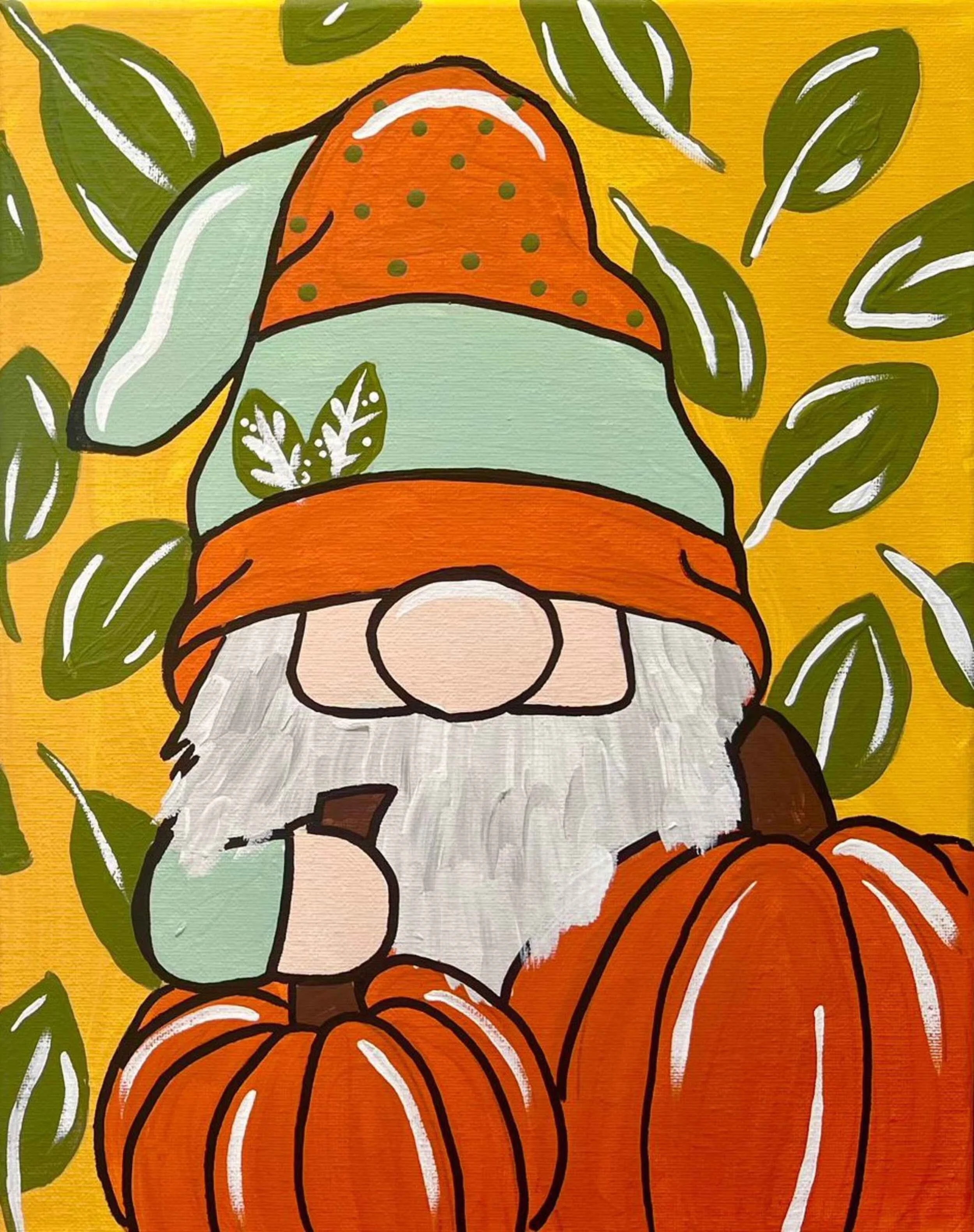 A cartoon gnome with a long white beard, wearing a multicolored hat with green and orange sections, surrounded by orange pumpkins and green leaves, on a yellow background.