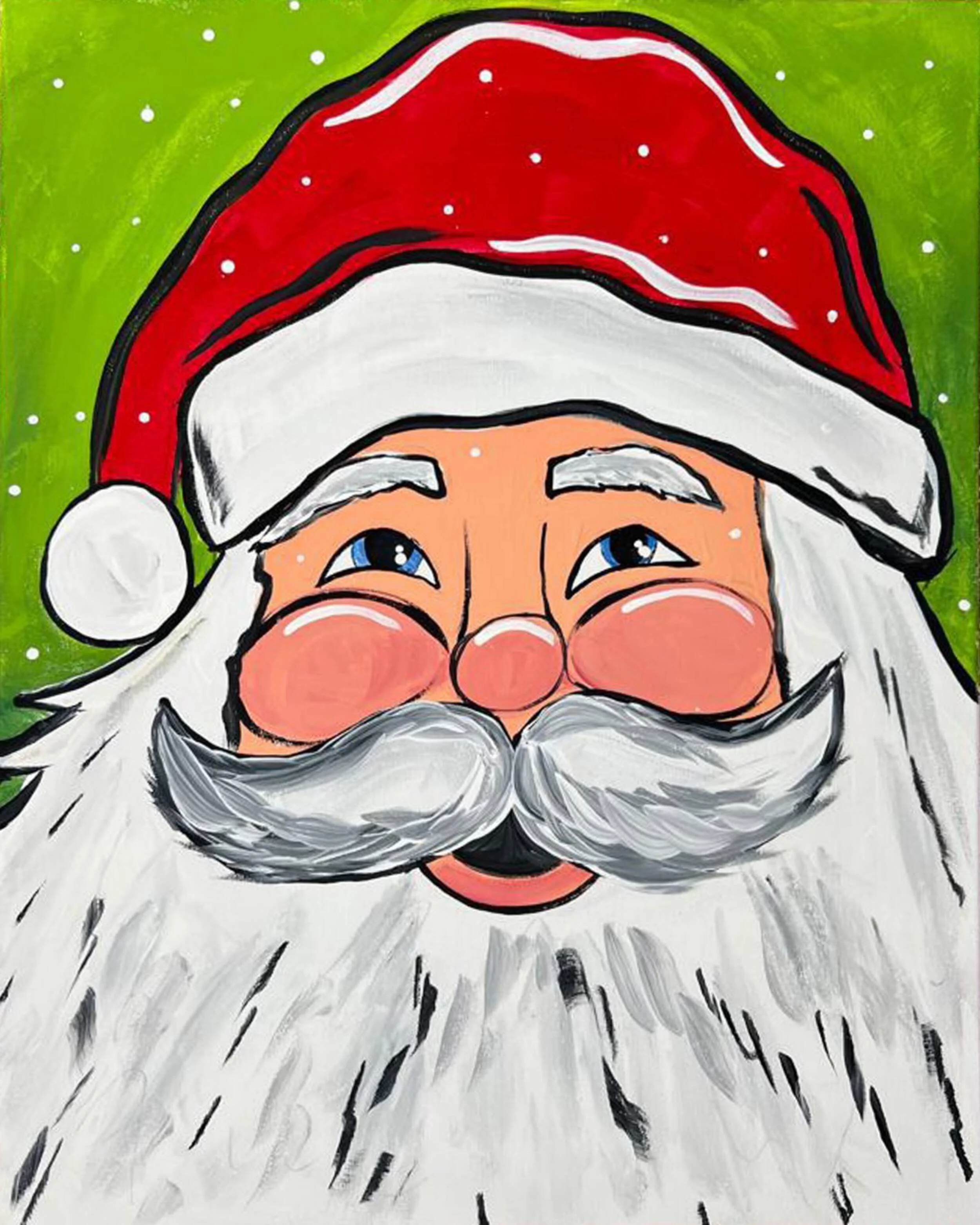 A cheerful, cartoon-style painting of Santa Claus with big blue eyes, rosy cheeks, a large white beard, wearing a red hat with a white pom-pom, against a green background with white snowflakes.