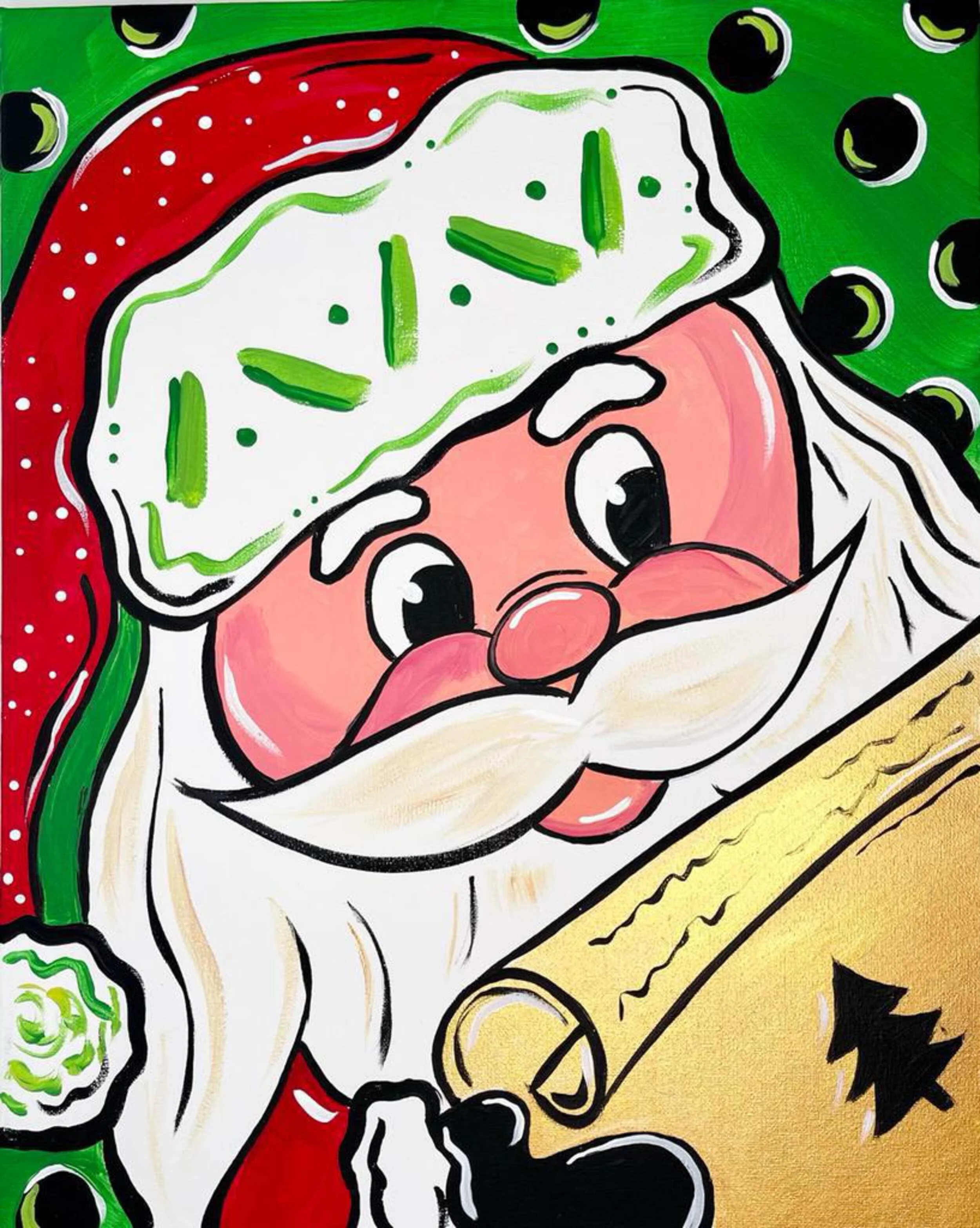 Colorful cartoon illustration of Santa Claus holding a scroll, with a green background decorated with black circles and a Christmas tree silhouette.