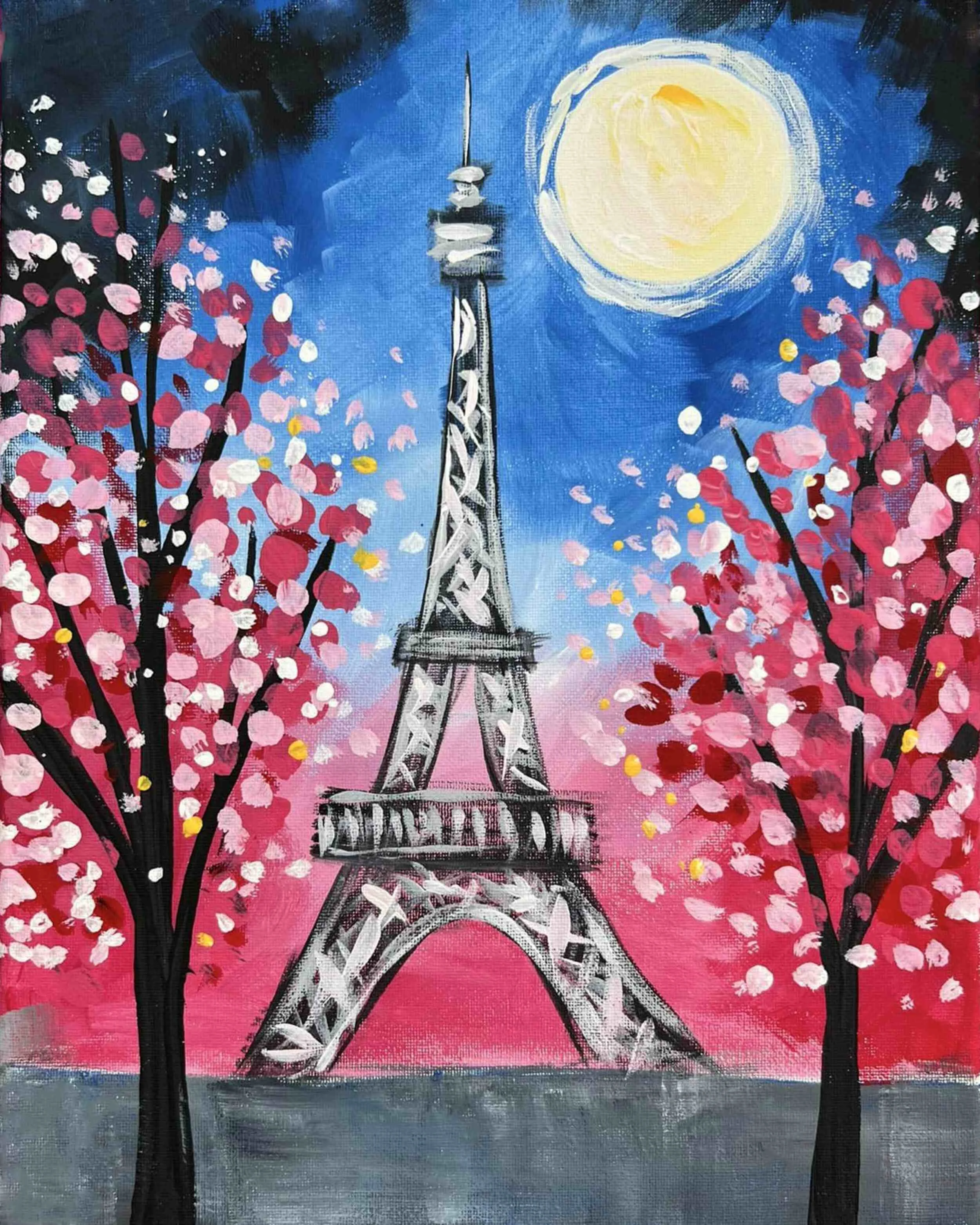 Painting of the Eiffel Tower at night with pink cherry blossom trees and a full moon in the sky.