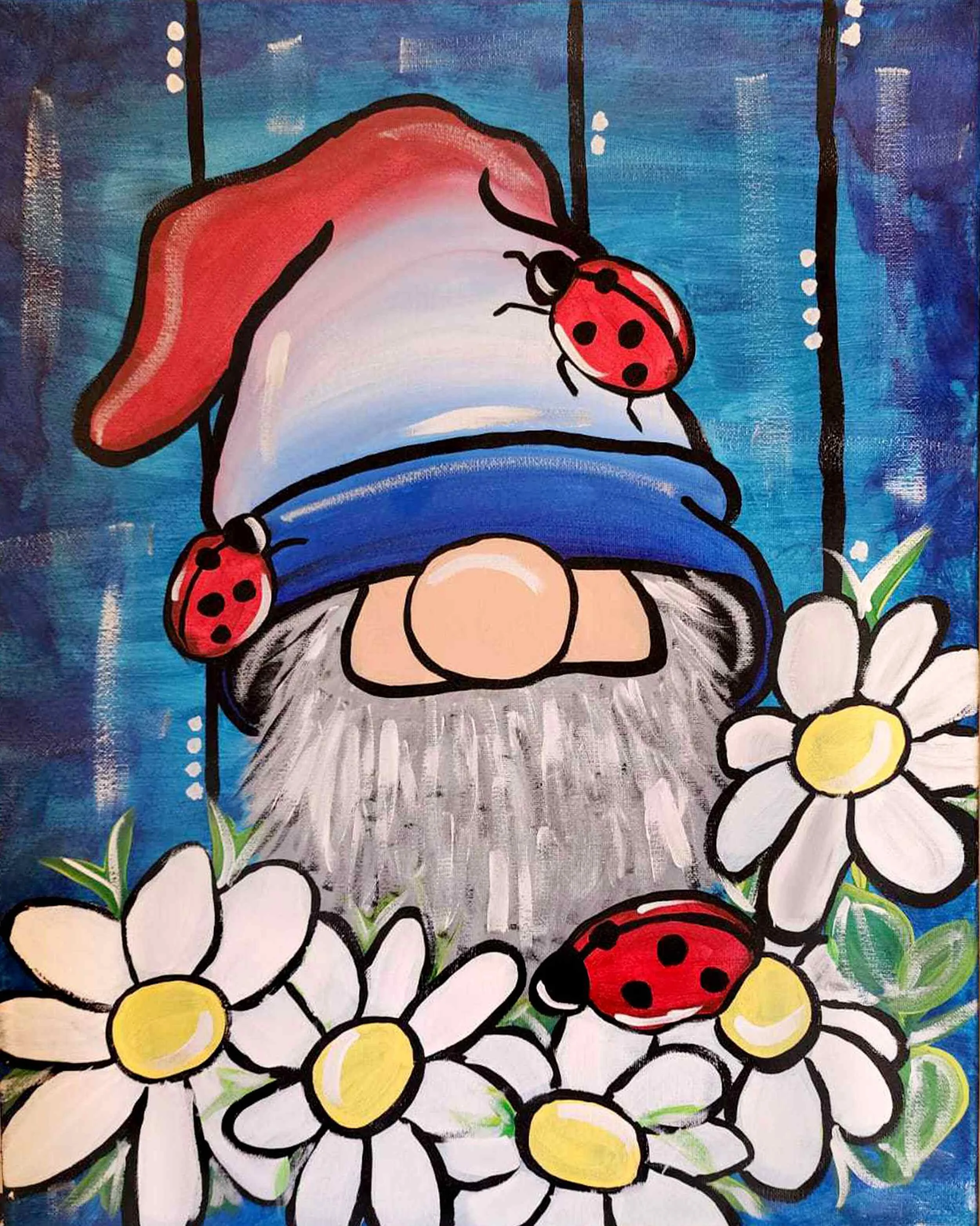 Painting of a gnome with a white beard, red and white hat, blue band, and round nose, surrounded by white daisies and ladybugs on a blue background.