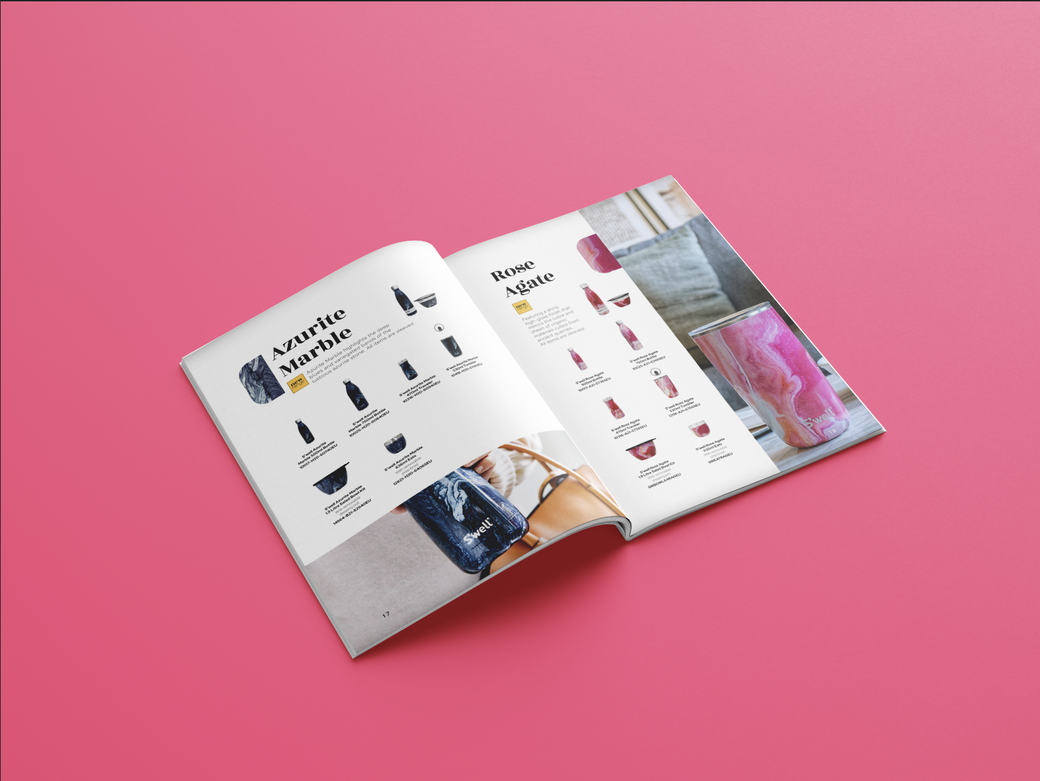 Open product catalog with colorful marble-patterned water bottles on a pink background.