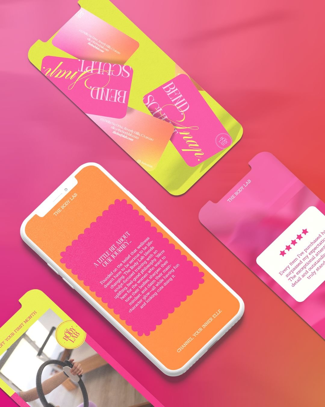 Bright pink background with colorful promotional cards and a smartphone displaying a message about the Body Lab, featuring pink, orange, yellow, and white colors.