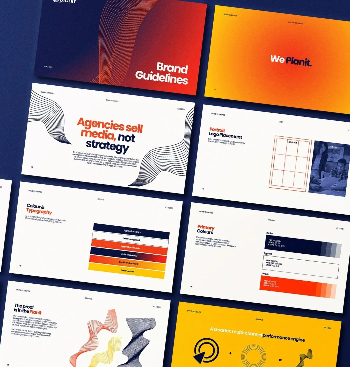 Collection of brand guidelines and strategy documents with colorful covers, including titles like 'Brand Guidelines' and 'We Planit' displayed on a dark blue surface.
