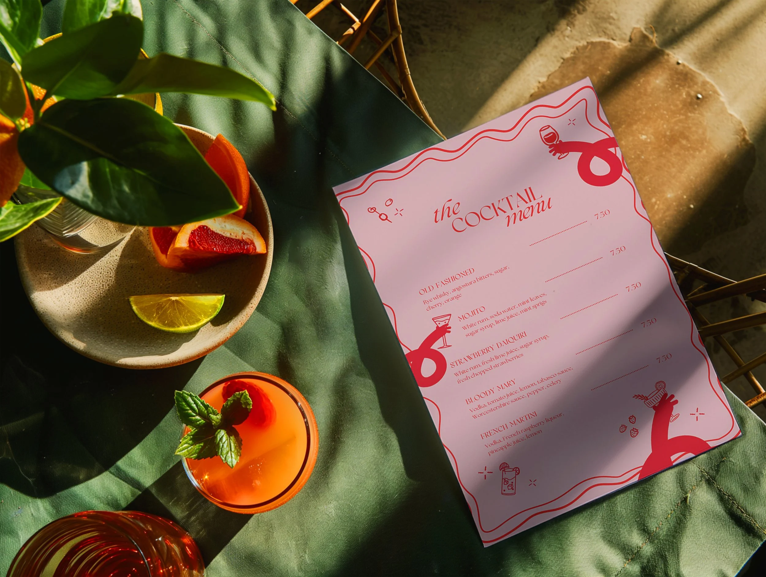A cocktail menu on a green tablecloth with a small bowl of sliced grapefruit and lemon, and a glass of orange drink with a mint sprig garnished.