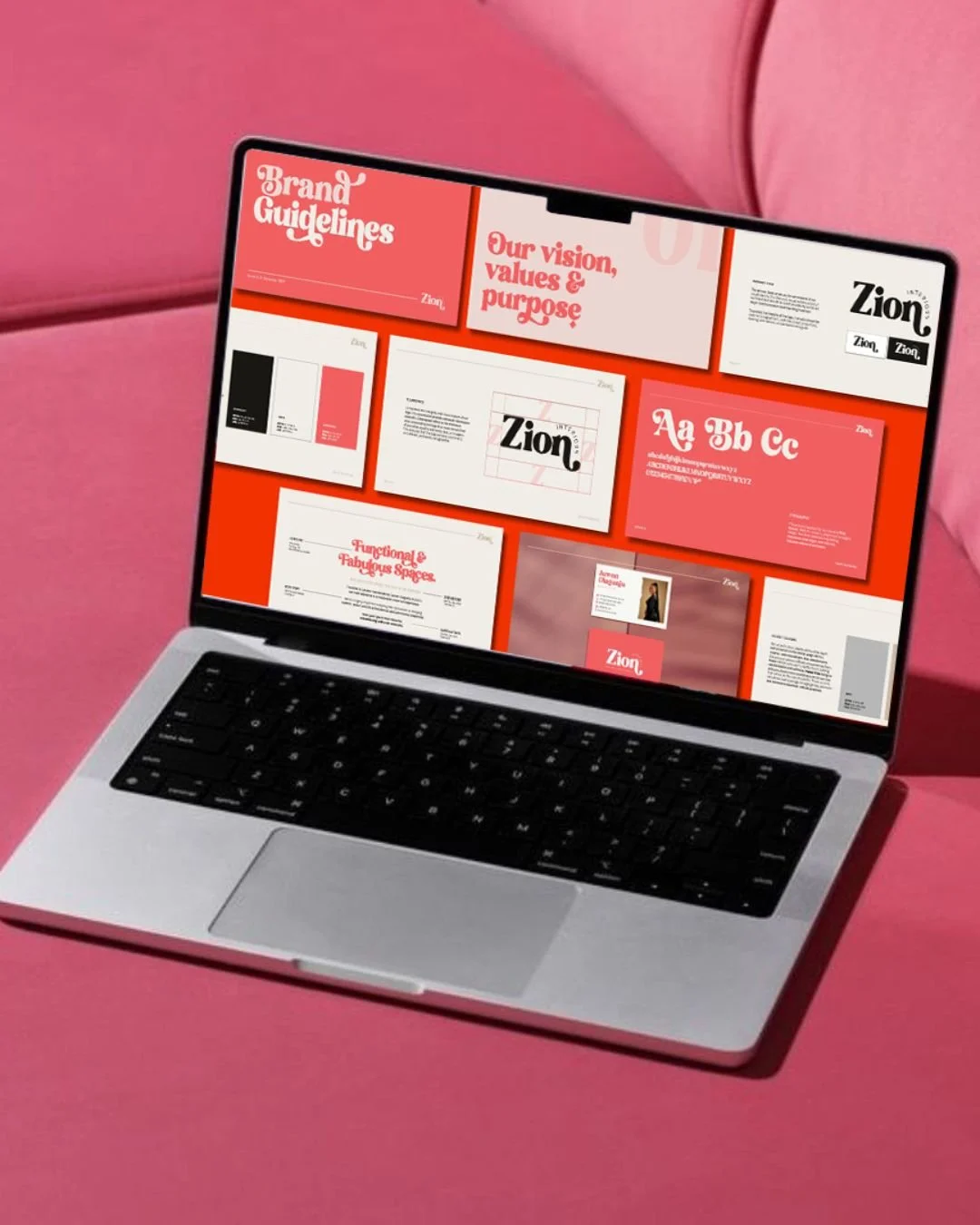 A laptop displaying a presentation with slides about branding guidelines for Zion, with a pink background.