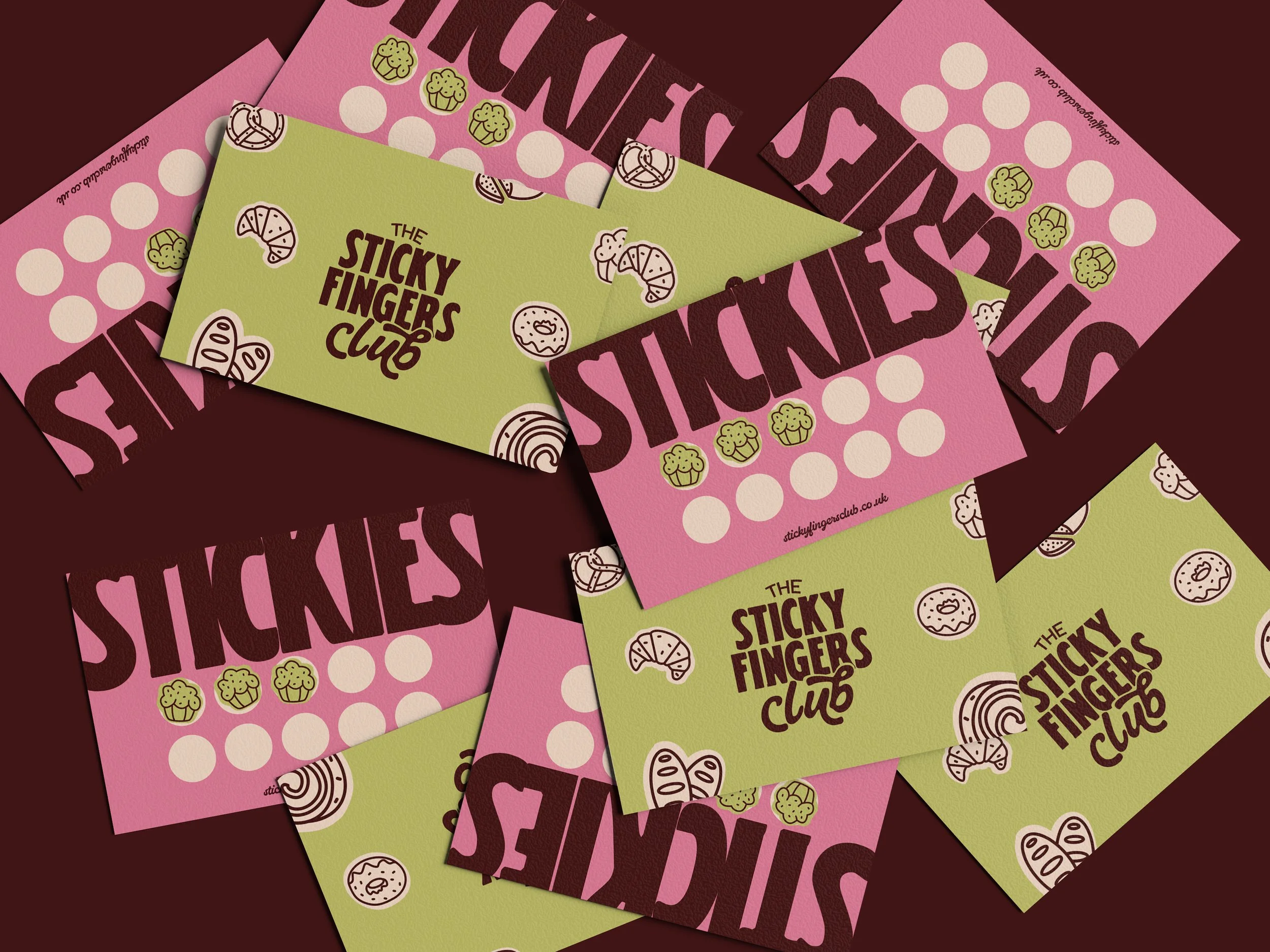 Multiple overlapping flyers for The Sticky Fingers Club with pink and green backgrounds, decorated with illustrations of baked goods and the club's website.