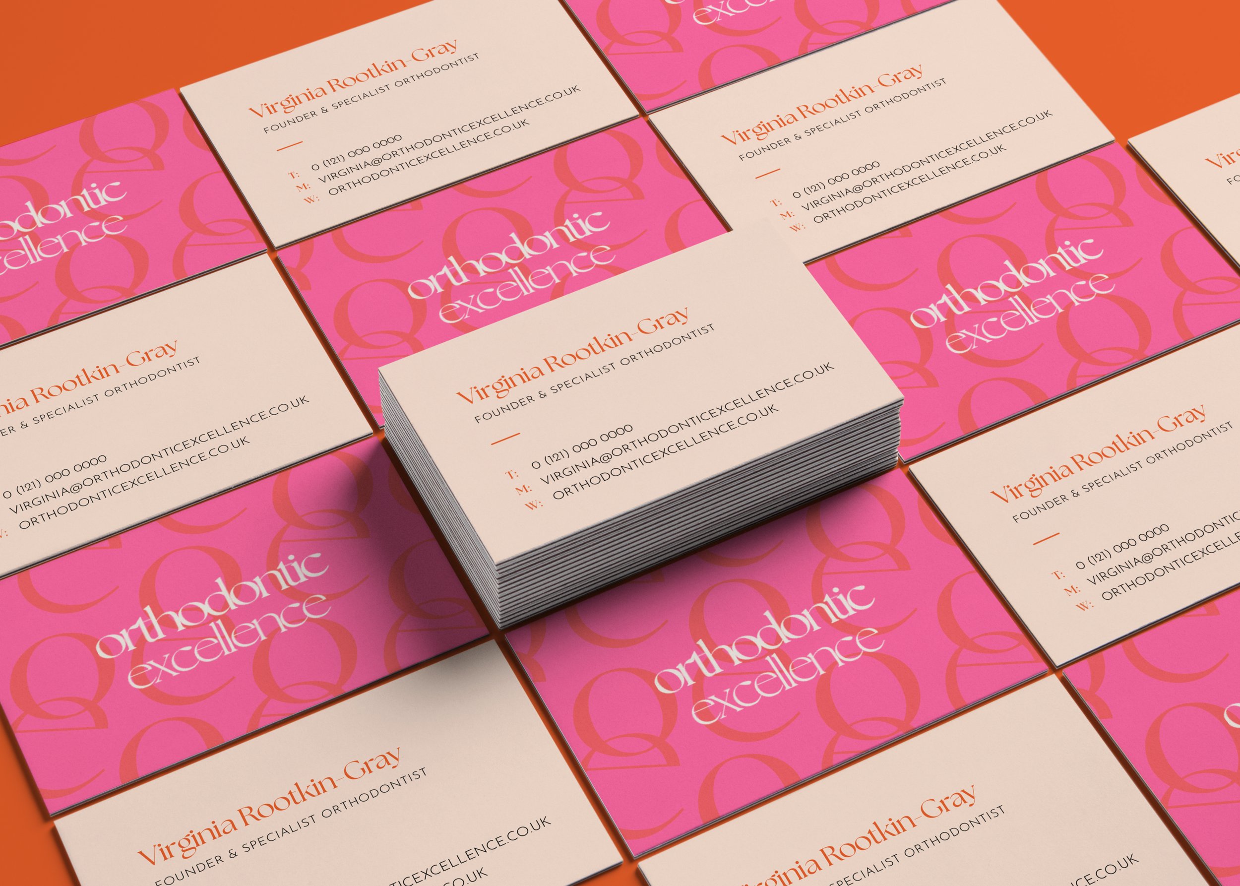 Collection of business cards for Virginia Rookin Gray, founder and specialist orthodontist, featuring a pink and purple background with the text "orthodontic excellence" and contact information.