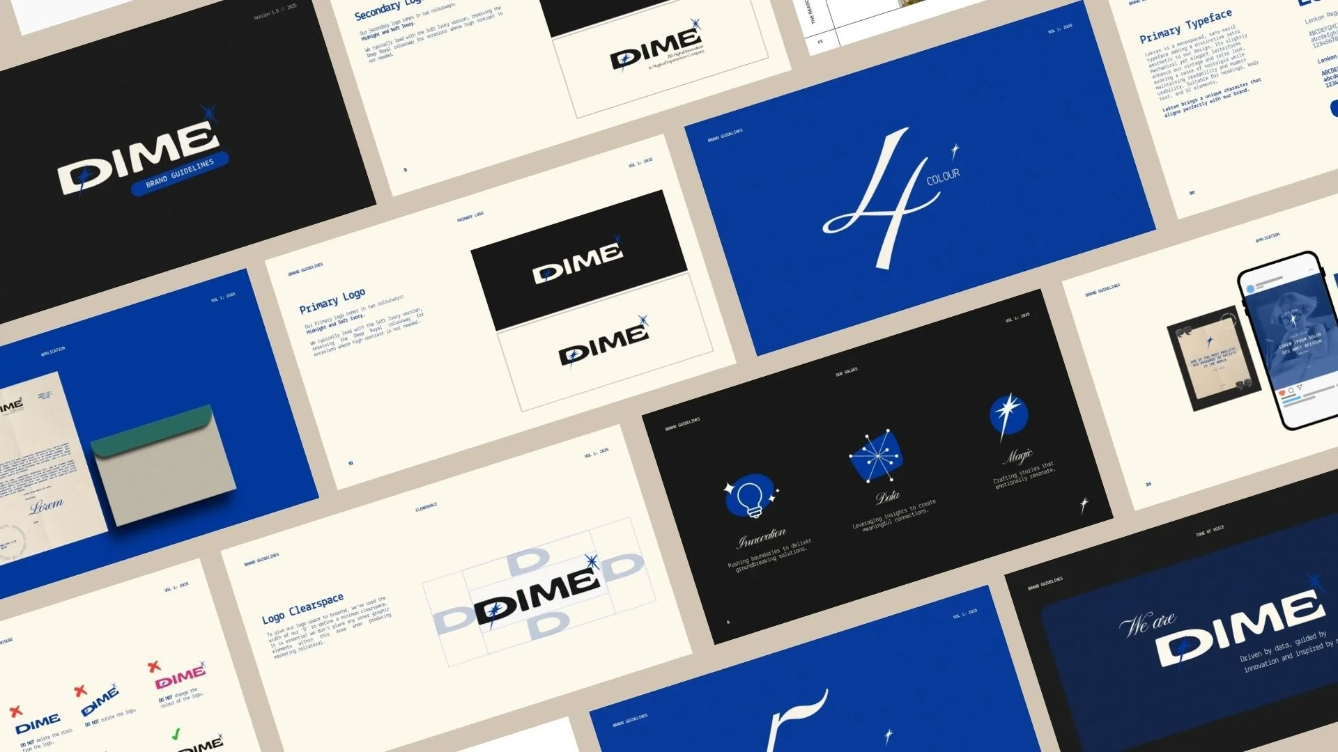 Collage of branding guidelines and logo designs for a company called DIME, featuring various slides with logo concepts, color schemes, and branding tips.