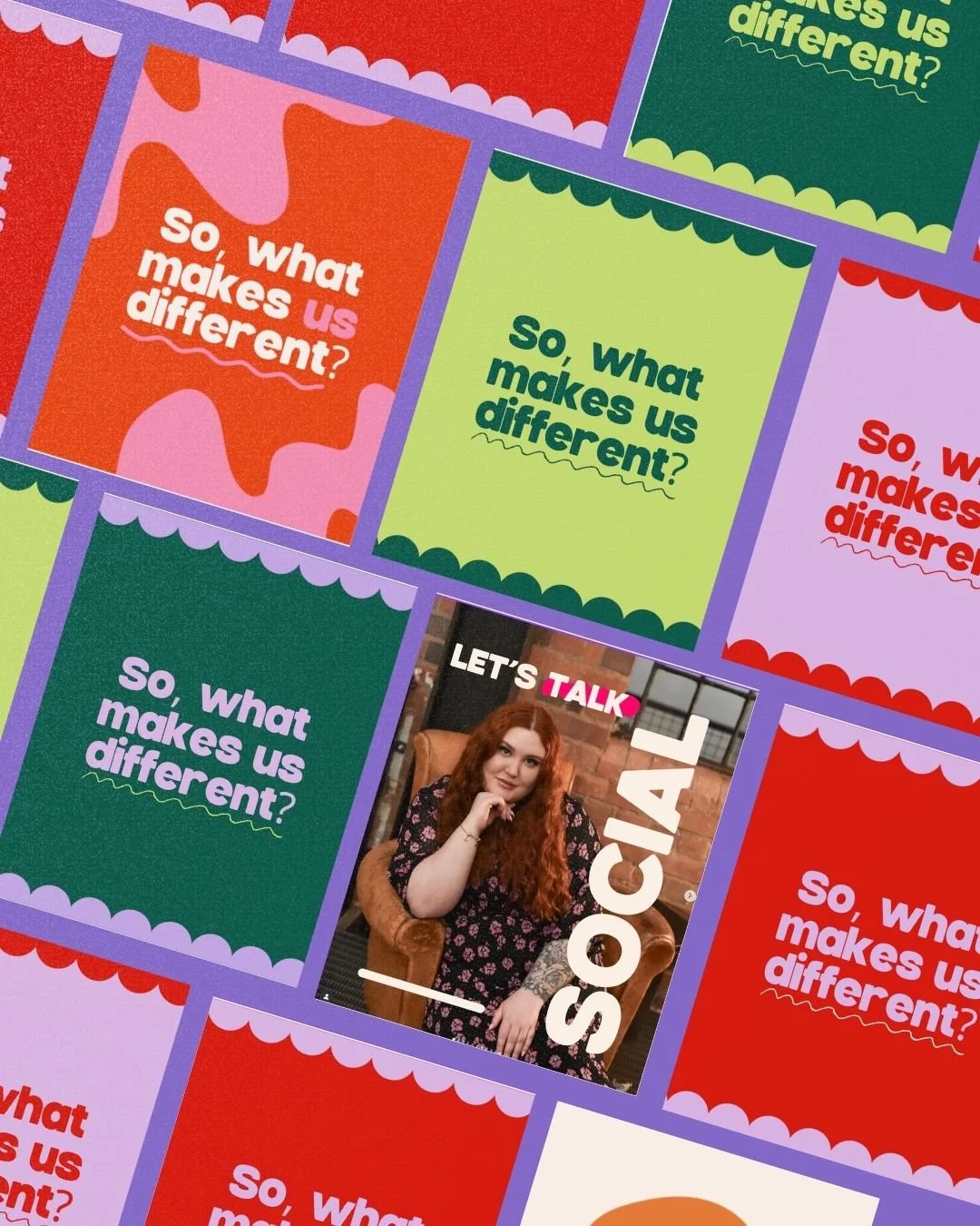 Collage of colorful cards with various backgrounds, all asking "So, what makes us different?" and a central card featuring a woman with red hair sitting in a chair, with the words "Let's Talk Social" overlayed.