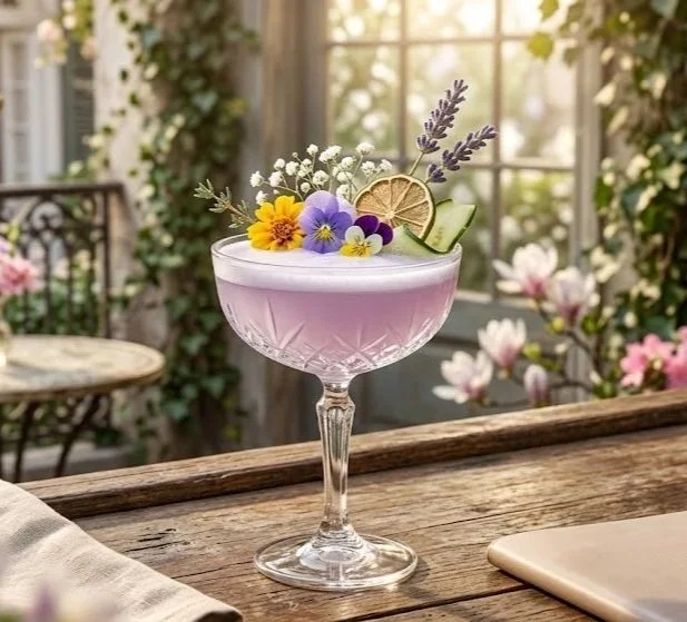 A pink cocktail garnished with flowers, a lemon slice, a cucumber slice, and lavender on a wooden table in a floral garden setting.