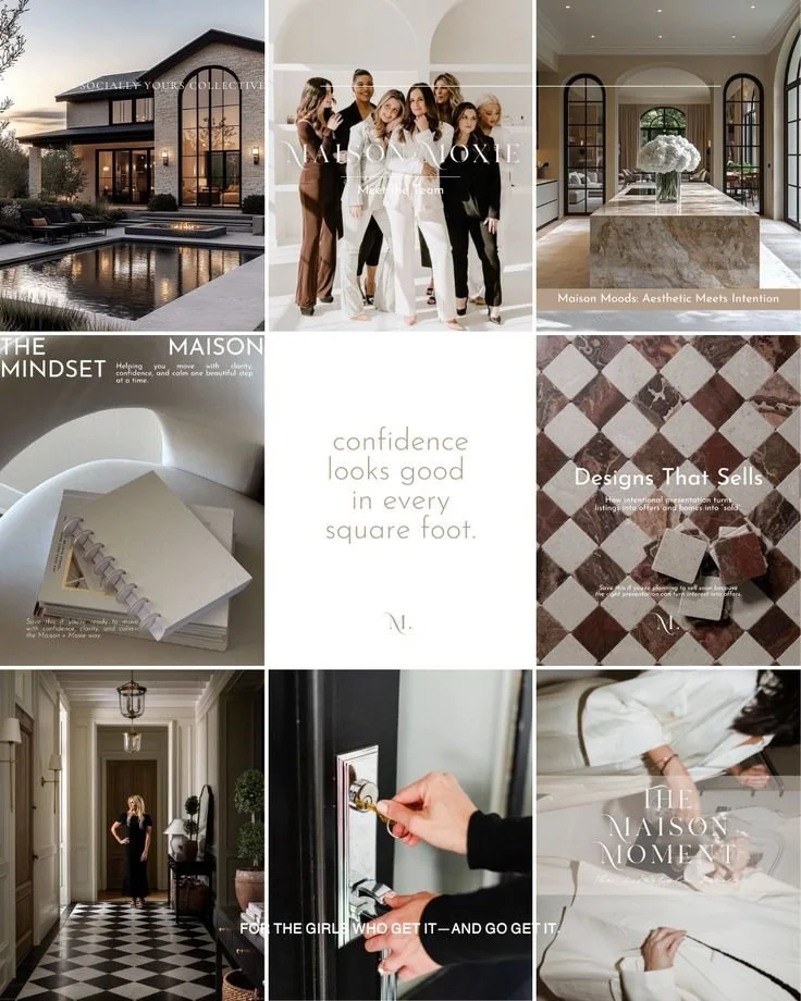 A collage of nine images featuring luxury homes, interior decor, women, and real estate themes with motivational and sales messages.