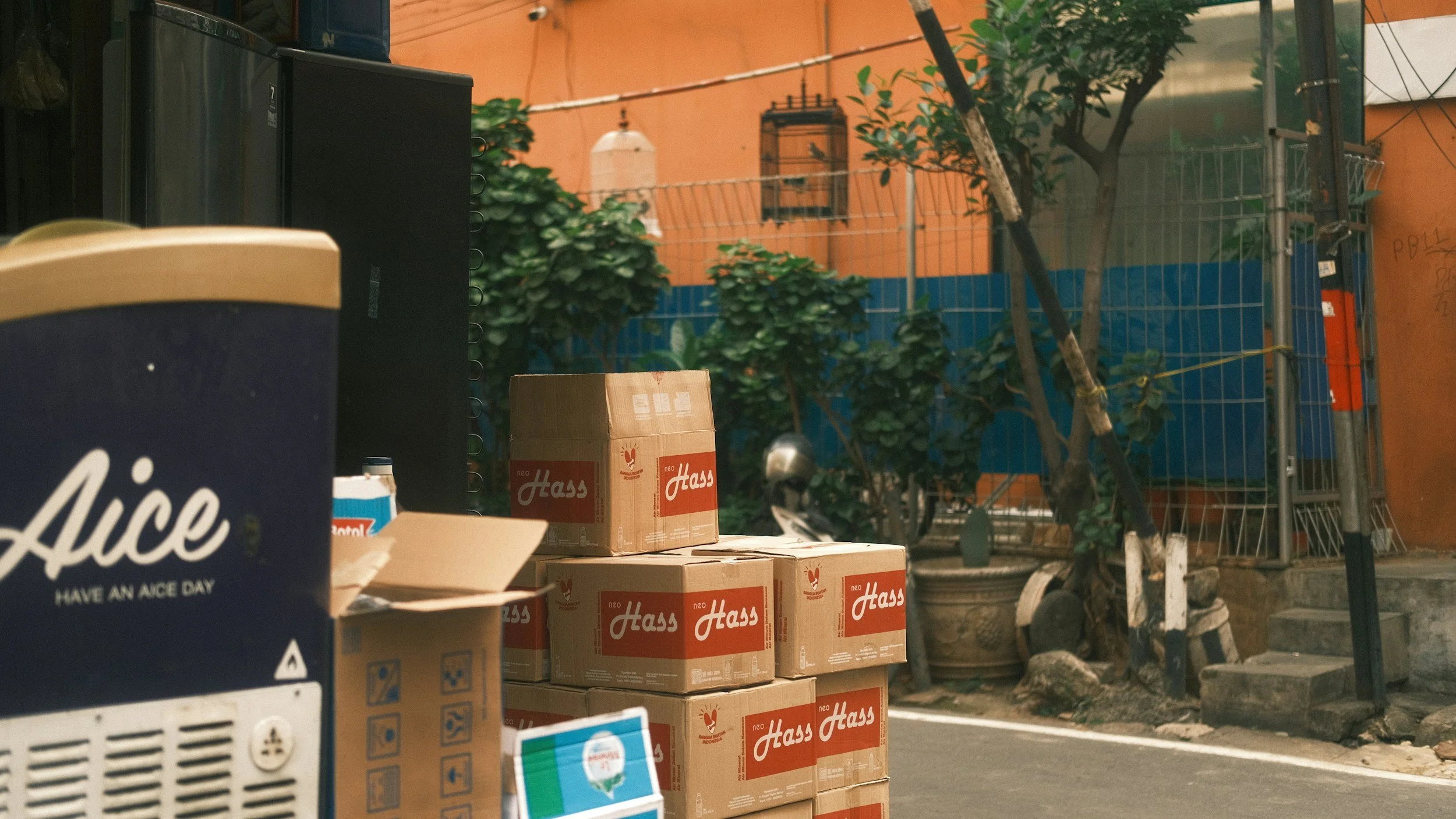 Boxes labeled 'Hass' stacked near a blue machine with the phrase 'Have an Aice Day' in an outdoor setting with plants, trees, and a fence.
