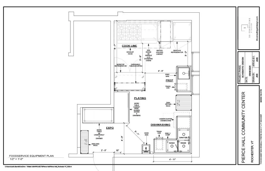 Floor plan of a foodservice kitchen for Pierce Hall Community Center, showing designated areas for cooking, prepping, dishwashing, and expo with detailed equipment and layout.