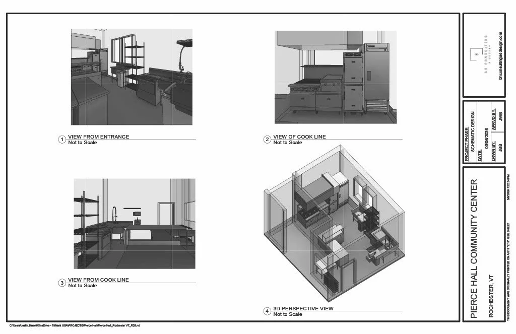 Blueprint of a community center kitchen and common area, including 3D perspective view, entrance view, and cook line views.