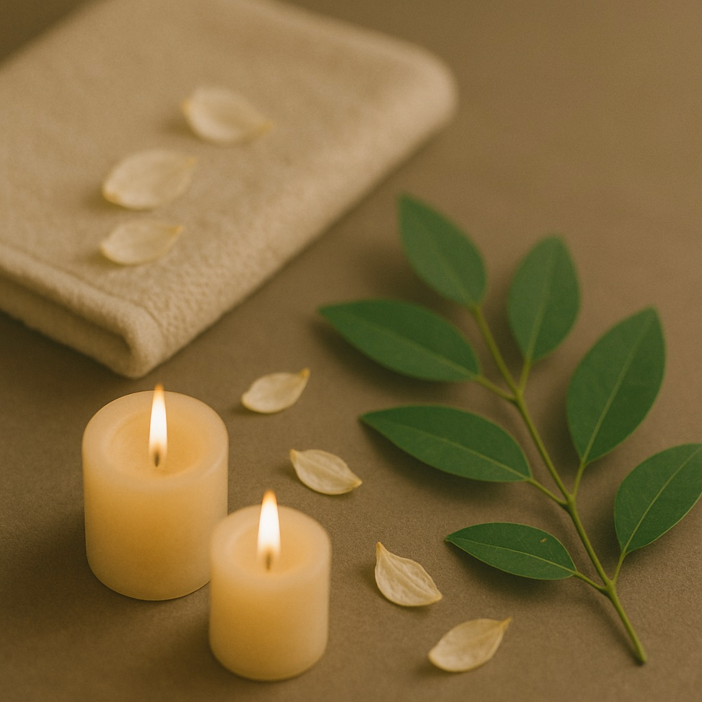 Two lit cream-colored candles, green leaves, and scattered white flower petals on a beige surface with a folded beige cloth in the background.