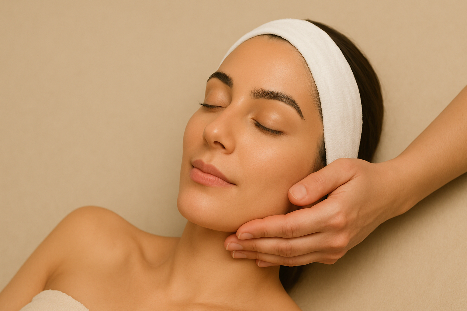 A woman with a white headband relaxing during a massage or facial treatment.