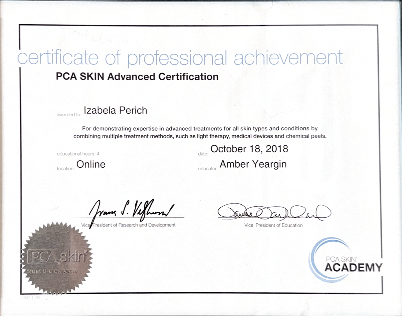 Certificate of professional achievement awarded to Izabela Perich for PCA Skin Advanced Certification, issued October 18, 2018, online training with signatures and PCA Skin Academy logo.