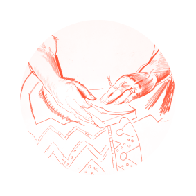 A red circle with black abstract patterns inside