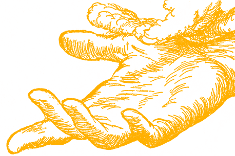 A detailed, stylized illustration of a hand with intricate line work, rendered in yellow against a black background.
