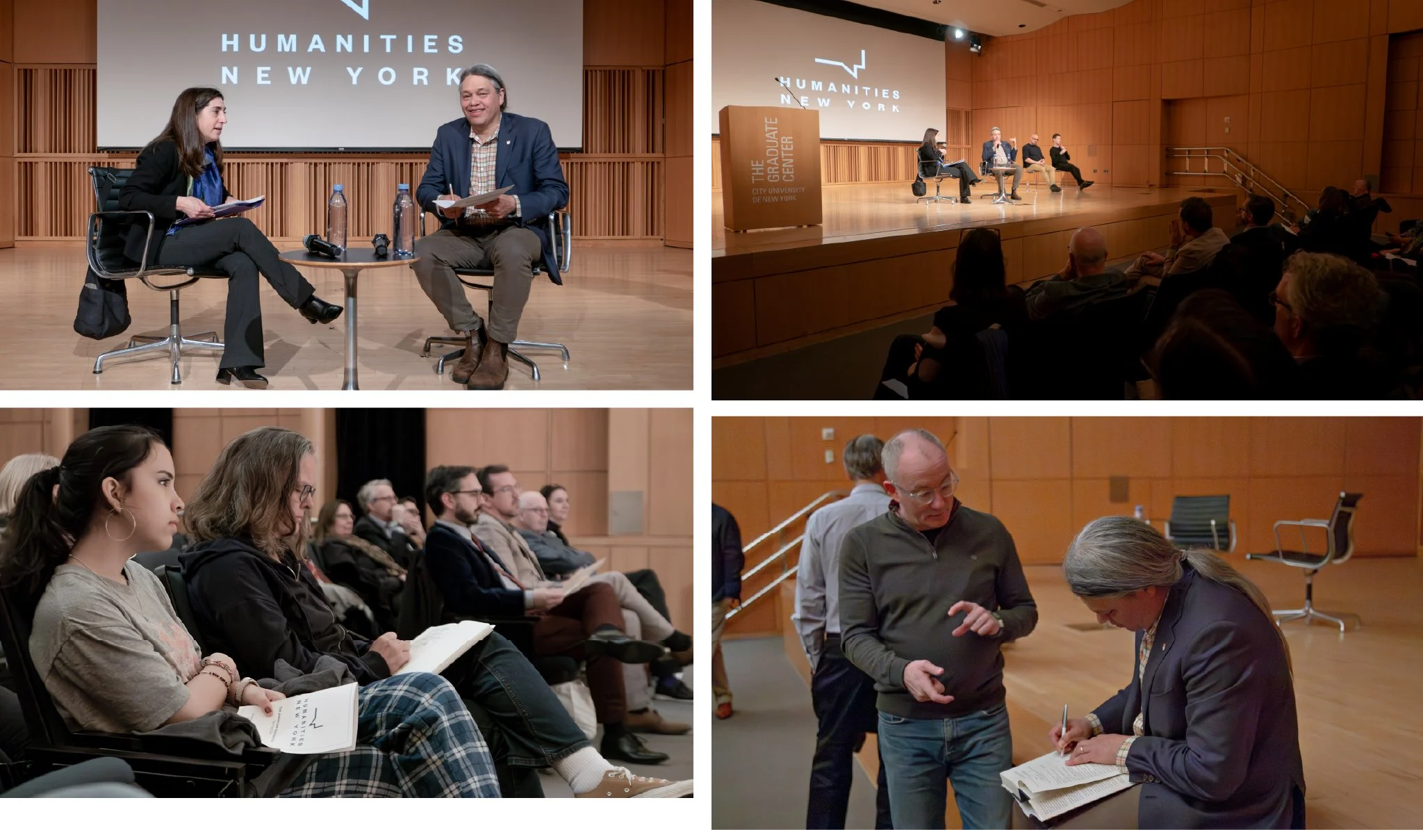 Four images from a panel discussion event at Humanity's New York. The first image shows two people, a woman and a man, seated on stage with microphones and water bottles, engaged in conversation. The second image captures the panel on stage with four